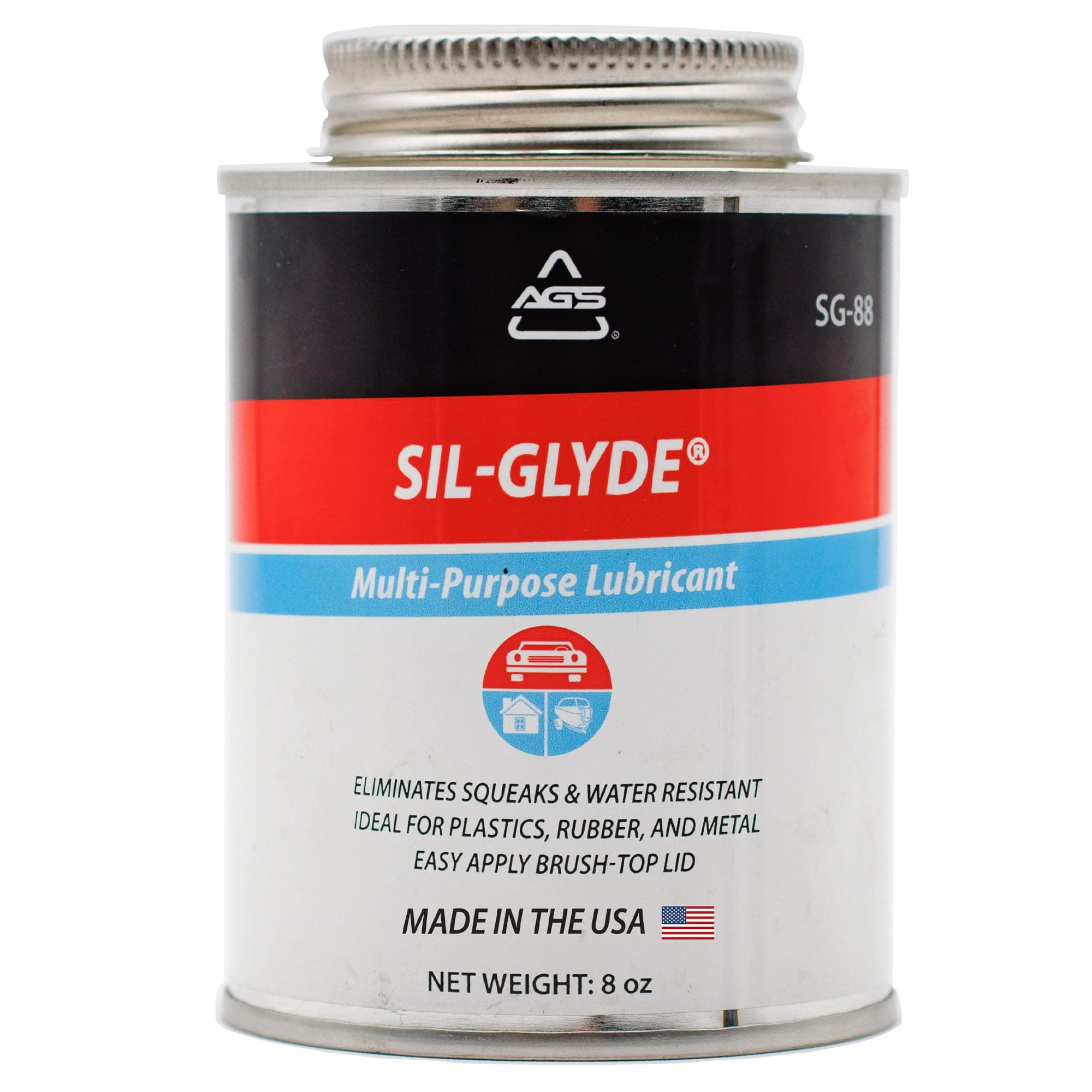 AGS Automotive Solutions SIL-Glyde Brush Top Can Multi-Purpose All-Weather Lubricating Compound for All Surfaces, 8 oz Lubricant Can, Silicone Lubricant, Ensure Friction Resistance
