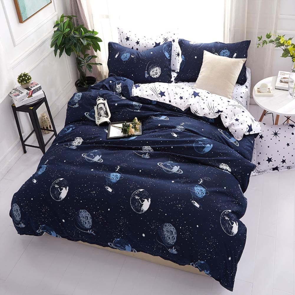 Grace Store Outer Space Duvet Cover Set Twin Size Comforter Cover Luxury Soft Quilt Cover Space Bedding Set for Boys, 3Pcs (Navy, 1 Quilt Coverlet & 2 Pillowcases)