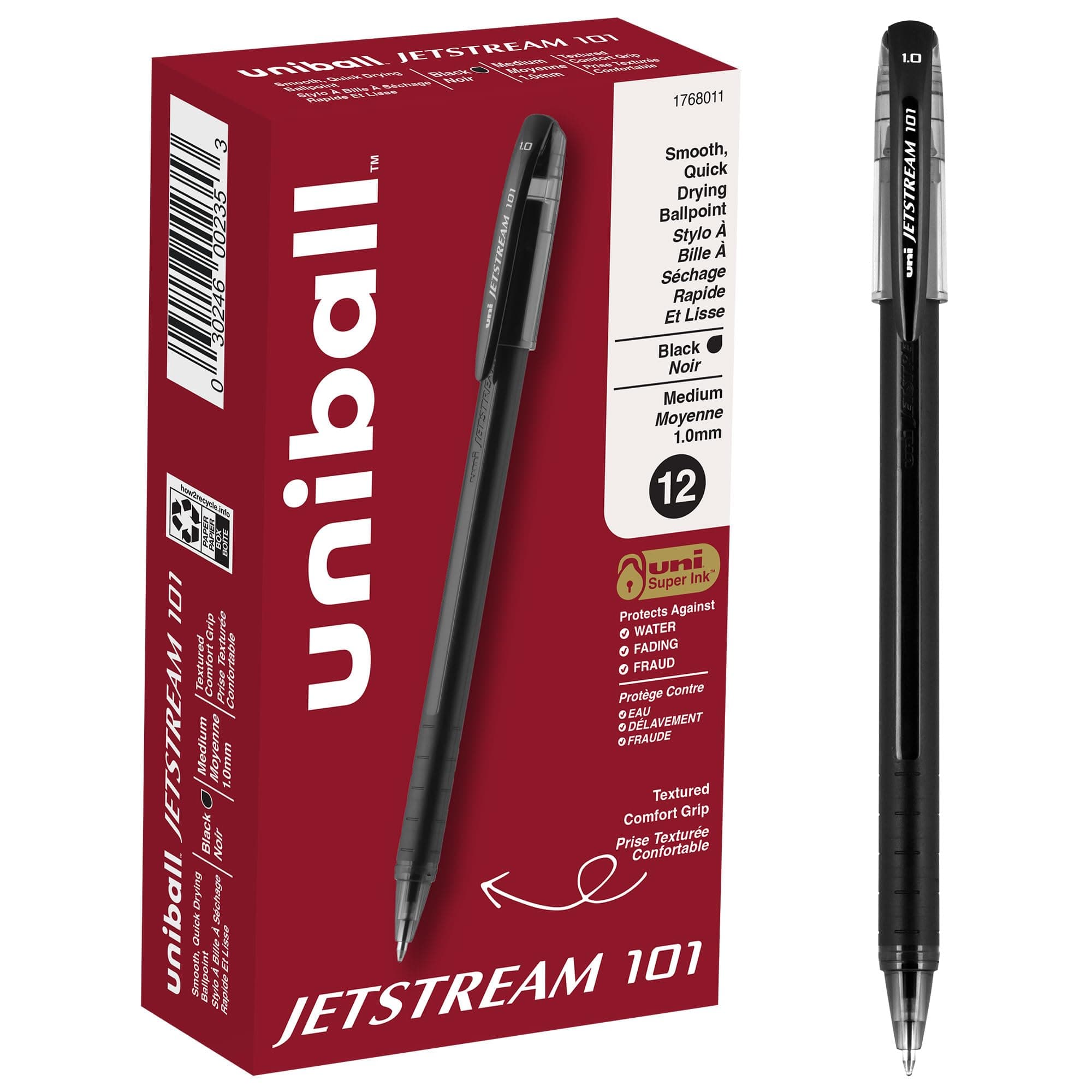 uniball Jetstream 101 Ballpoint Pens, Medium Point (1.0mm), Black, 12 Pack
