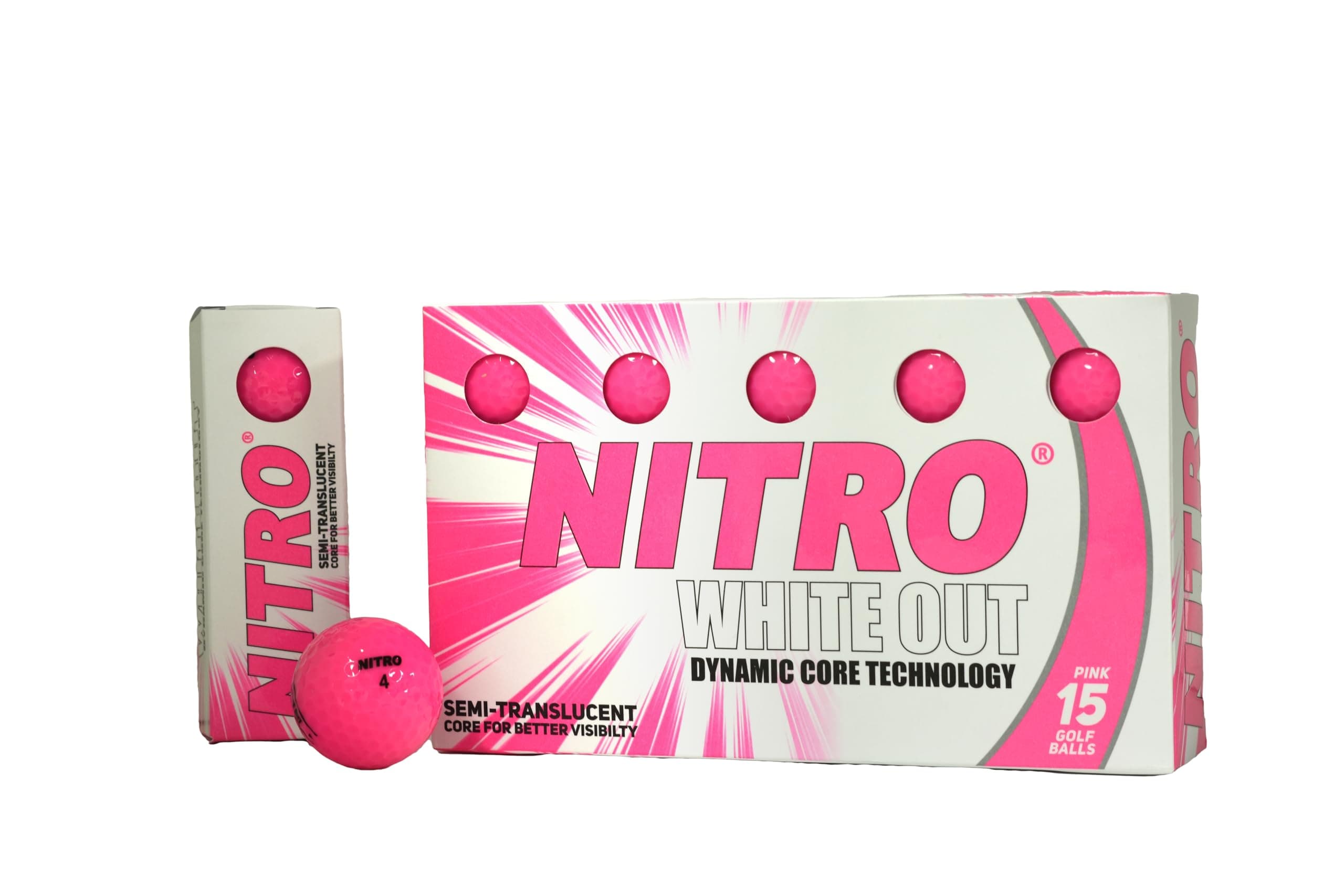 Nitro All Levels White Out 70 Compression High Velocity White Hot Core Long Distance Golf Balls USGA Approved-Total of 15-Hot Pink