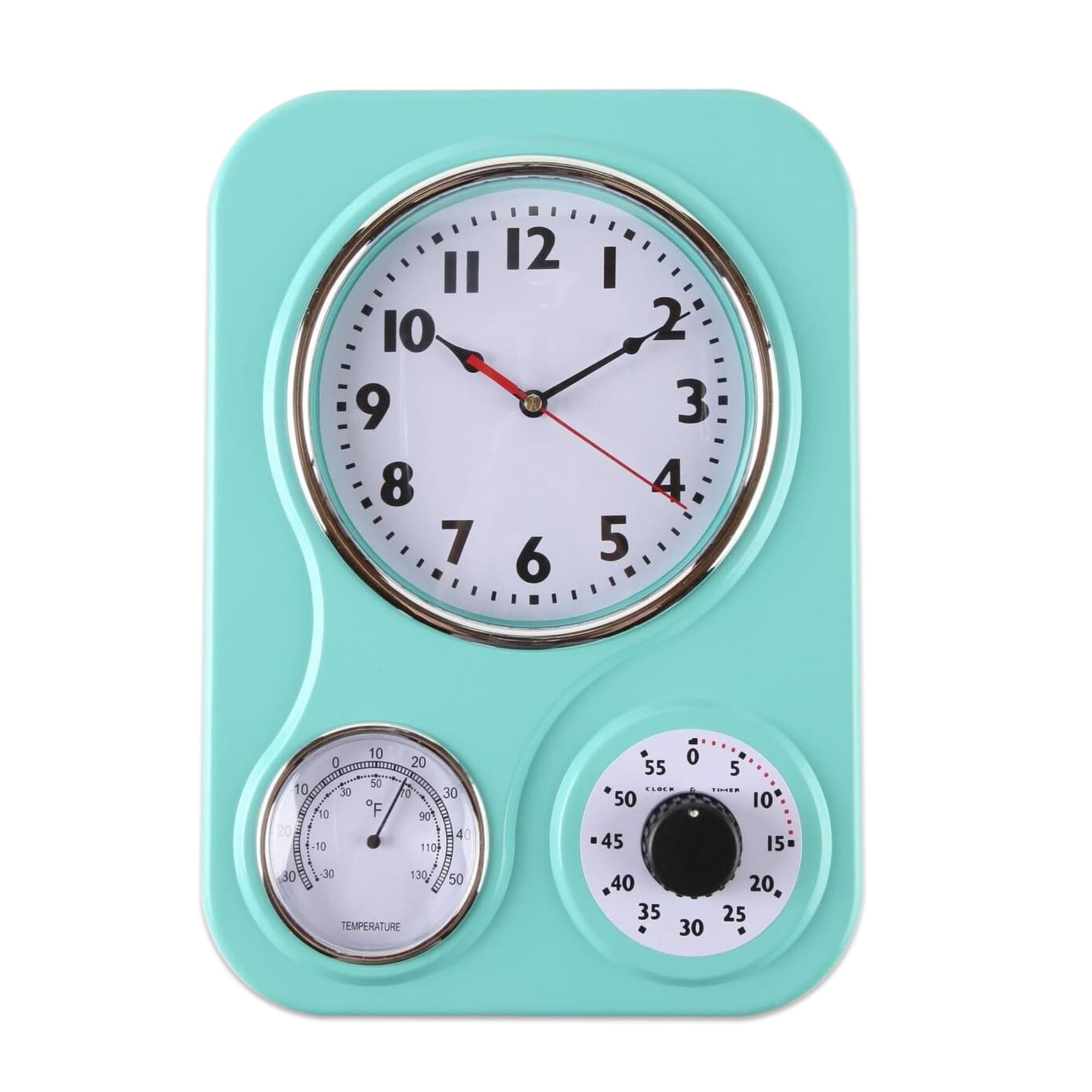 Lily's Home Retro Kitchen Wall Clock, with a Thermometer and 60-Minute Timer, Ideal for Any Kitchen, Turquoise (9.5 in x 13.3 in)