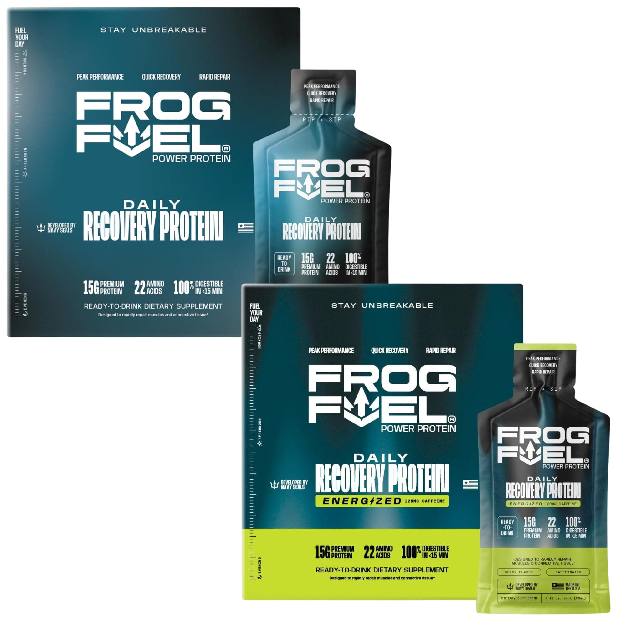 Power Regular & Power Energized Complete Protein Shot Bundle, 15g Protein Nano-Hydrolyzed Grass Fed Collagen, Post Workout, Fat & Sugar Free, 22 Amino Acids, Berry, 1 oz Packets, 48 Pack