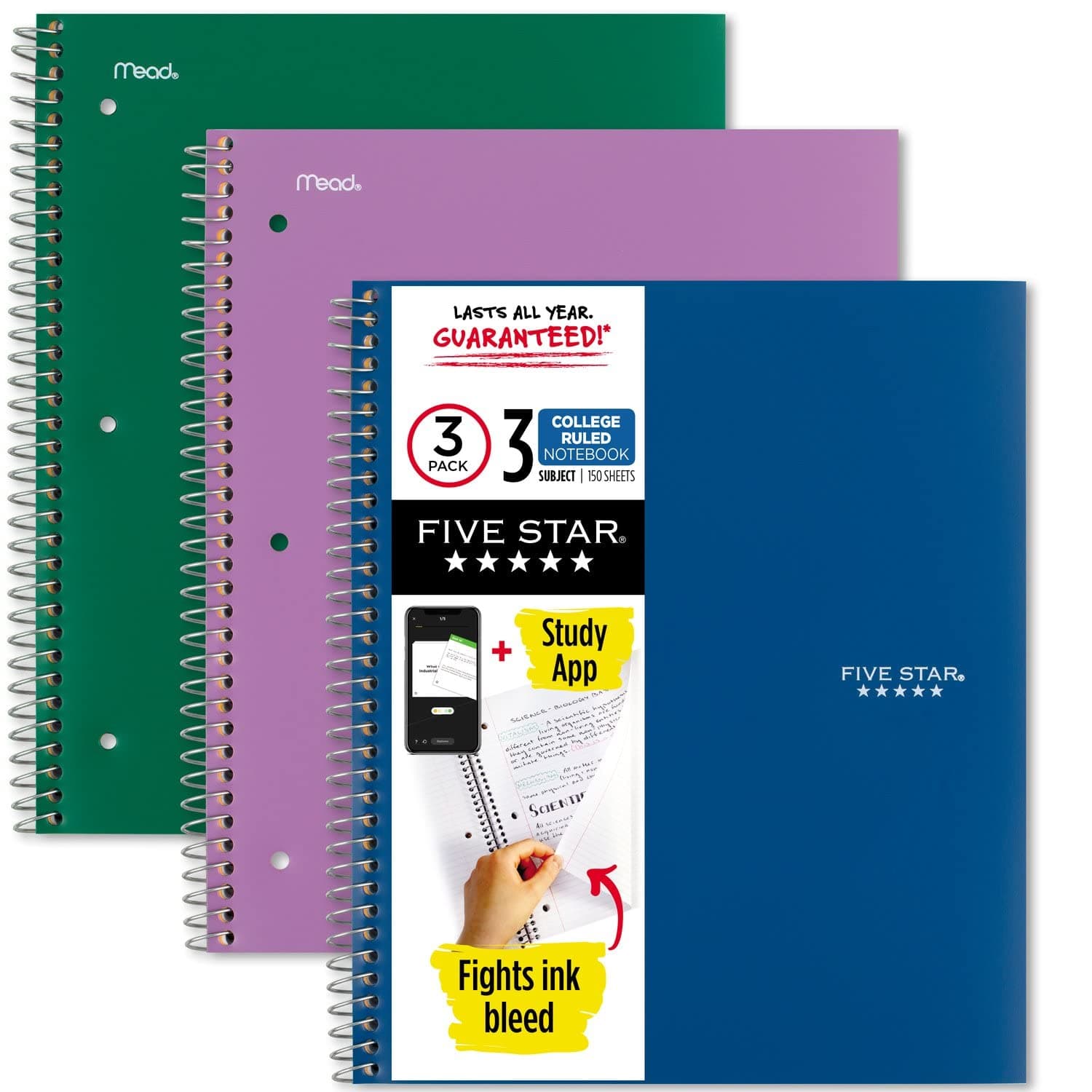Five Star Spiral Notebooks + Study App, 3 Pack, Subject, College Ruled Paper, 27.9 cm x 21.6 cm, 150 Sheets, Green, Purple, Blue (38820)