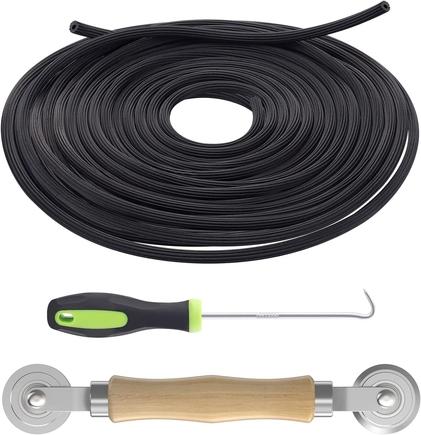 Lonimia 3 in 1 Window Screen Mesh Install Repair Tool Kit,Including 32.8Ft Spline Replacement,Steel Roller Tool with Bearing,Spline Removal Hook,for Installing Door and Window Mesh Screens.