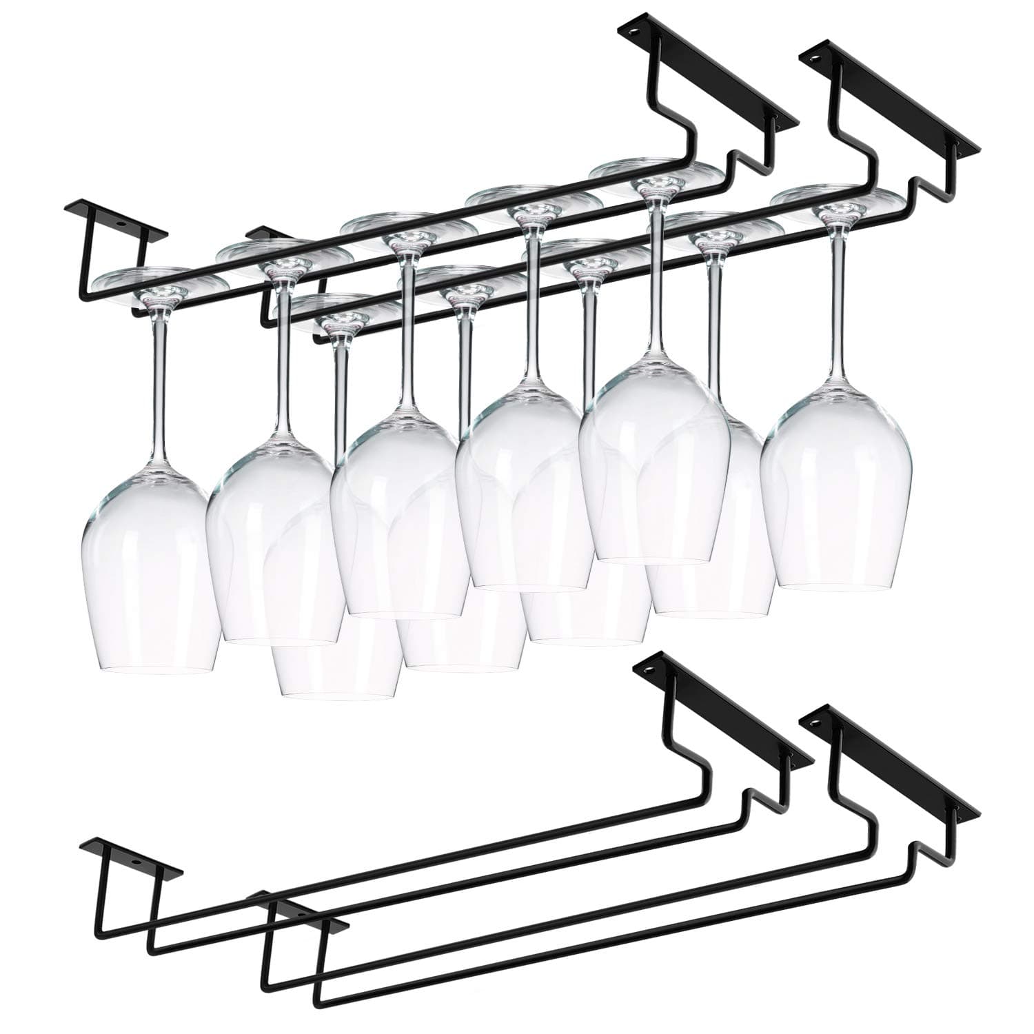 MOCOUM4 Pack 15.6" Wine Glass Rack Under Cabinet Stemware Rack, Wine Glass Hangers Rack Wire Wine Glass Holder Storage Hanger Hold Up To 10 Wine Glasses for Cabinet Kitchen Bar (Black, 4 pack)