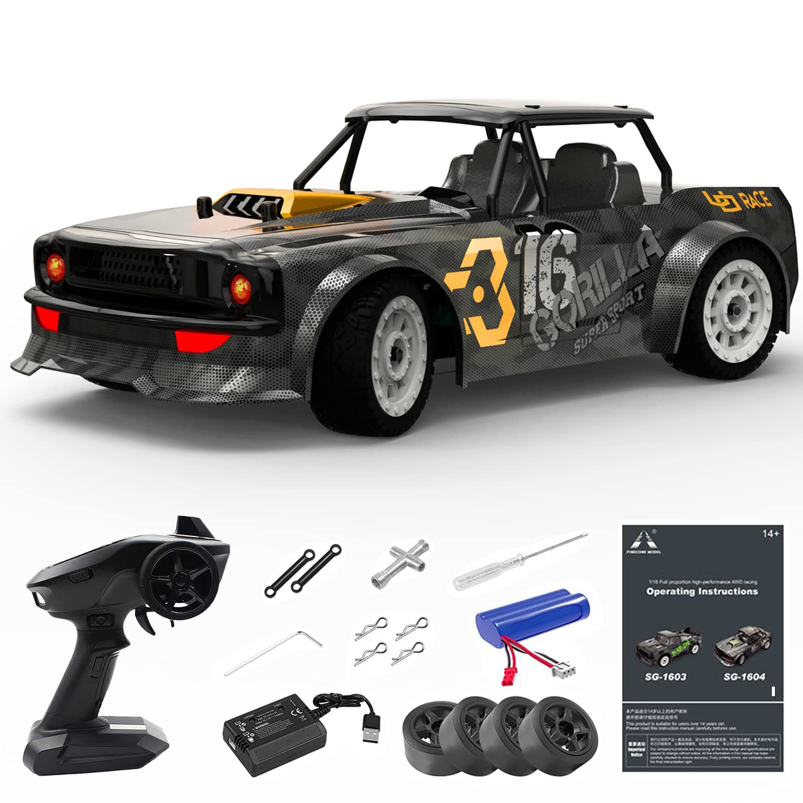 High Speed Fast RC Drift Car, 1/16 Scale 30KM/H 4X4 Monster Truck Vehicle with Lights for Kids & Adults