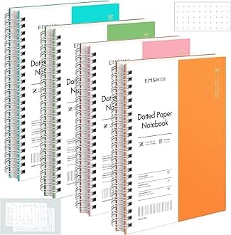 EMSHOI Dotted Journal Spiral Notebook, 4 Pack 5.7" x 8.22" A5 Small Dot Grid Notebook, 640 Pages 100gsm Thick Bullet Notebook with Sticky Notes, Plastic Hardcover, Orange, Green, Pink, LightBlue