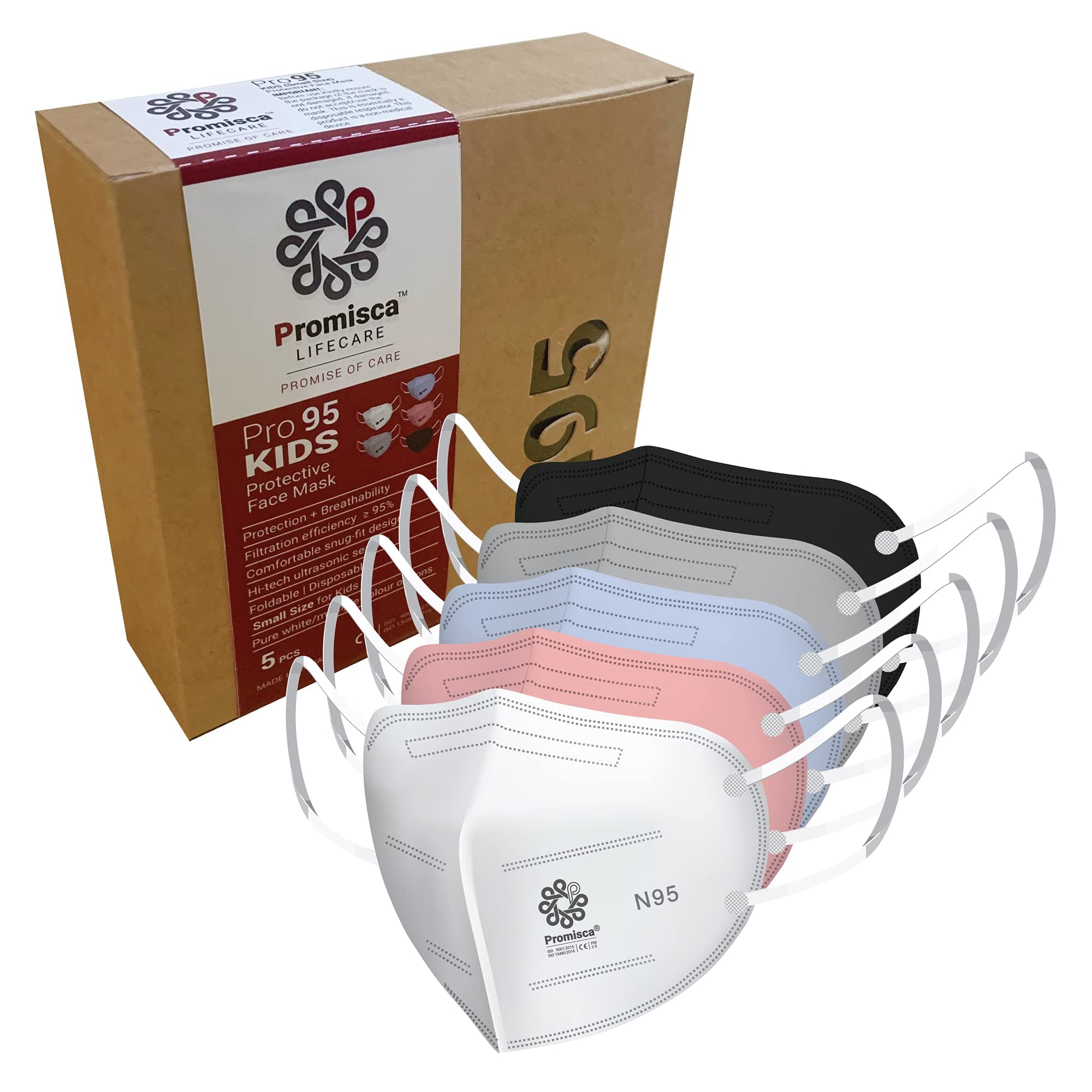 Kids Non woven Ear Loop Style Protective 5 layered filtration with genuine Melt Blown and Hot Air Cotton Layers N95 Face Mask (Multicolour Small) -Pack of 5/10+2