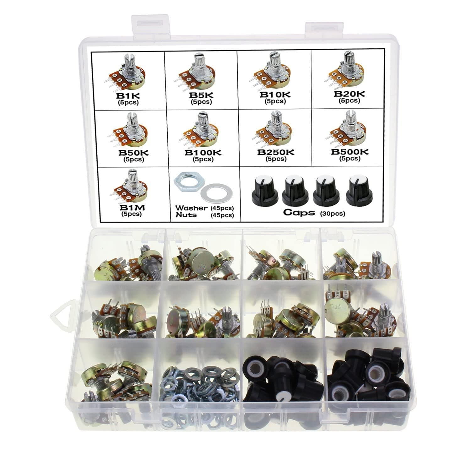 WiMas 9 Values 45PCS Linear Potentiometer, 3 Terminal Rotary Potentiometer with Cap Nuts and Washer (1K, 5K,10K, 20K, 50K, 100K, 250K, 500K, 1M)