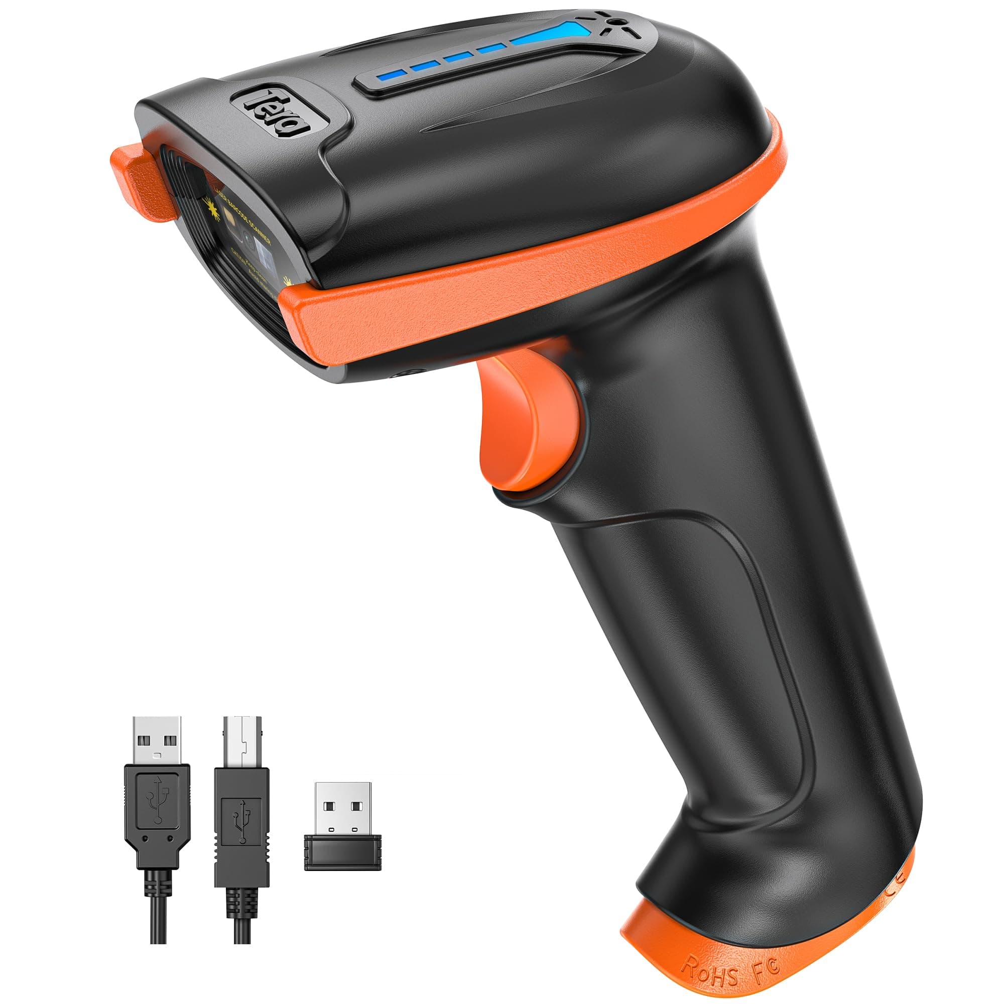 Tera Barcode Scanner Wireless with Battery Level Indicator Rechargeable 1D Laser Barcode Reader 2000mAh Battery Design Patent: EU008489413 Model 5100 Orange
