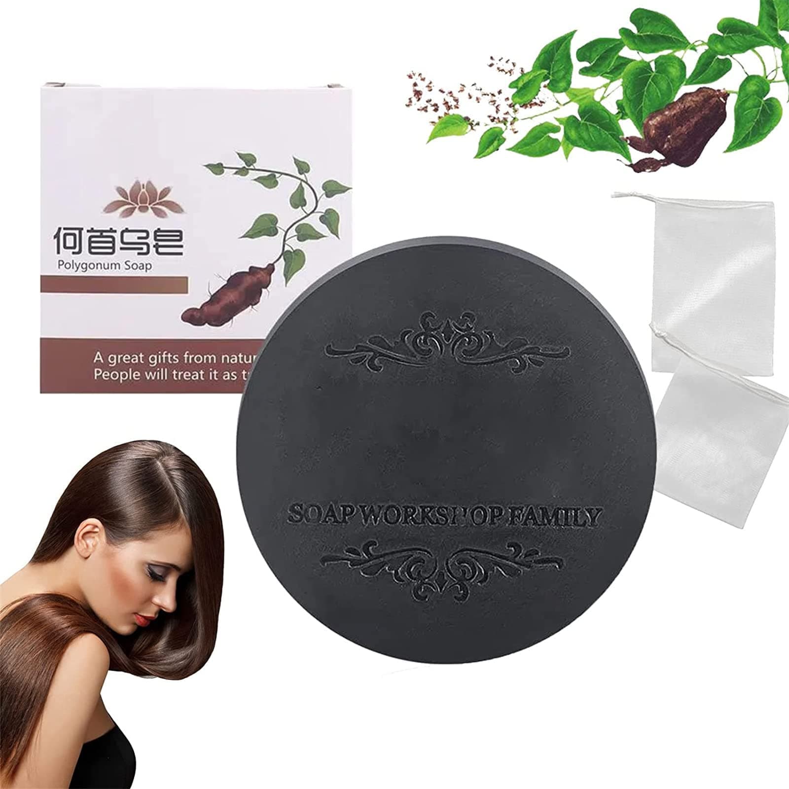 Black & Thick Hair Fallopia Multiflora Shampoo Bar, He Shou Wu Soap, Repair Essence Volumizing Black Hair Darkening, Organic Grey Reverse (1PCS)