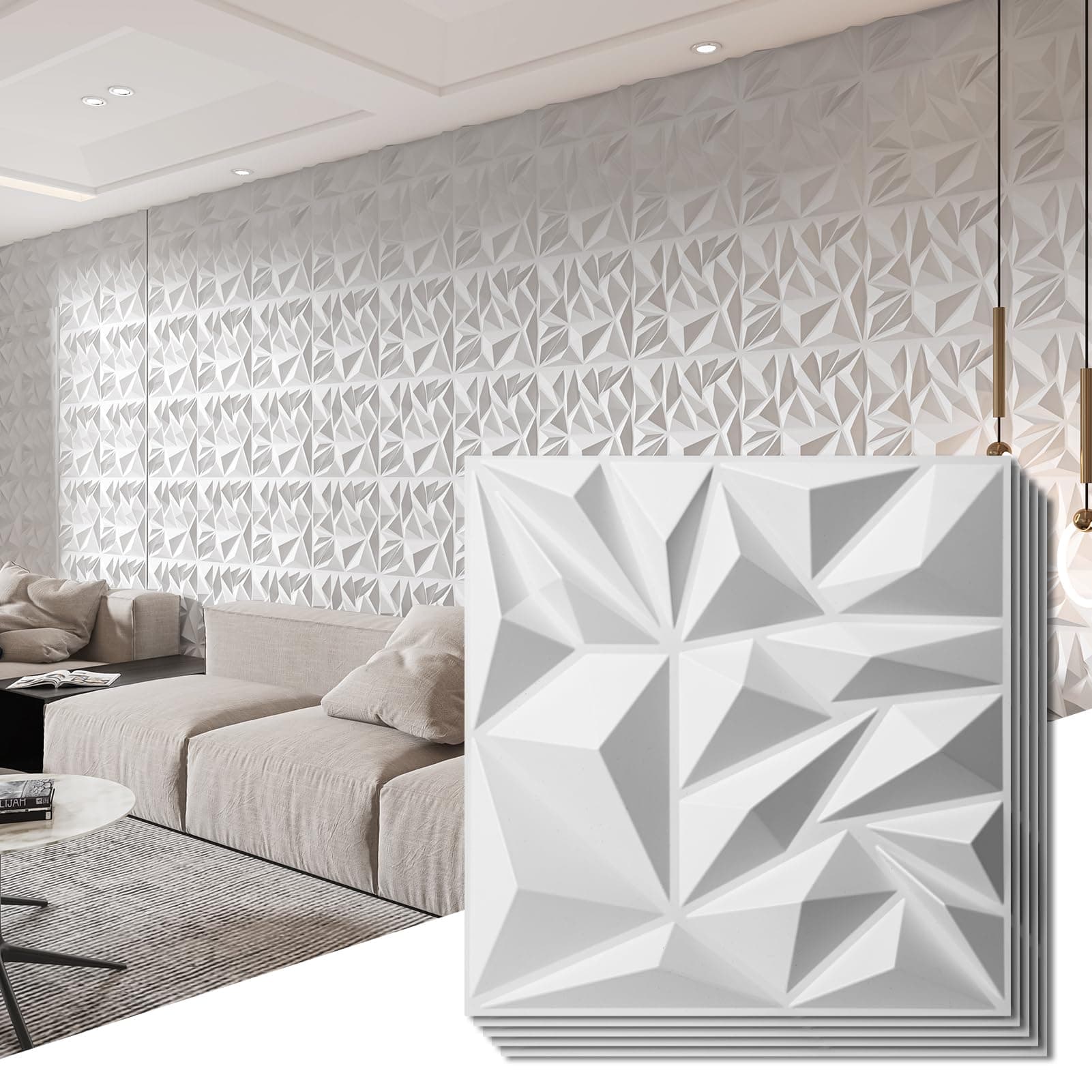 Art3d 33-Pack 3D Wall Panels for Interior Decor, Modern Diamond Textured Accent Paneling for Gaming Living Room TV Background, 12 x 12 inch White