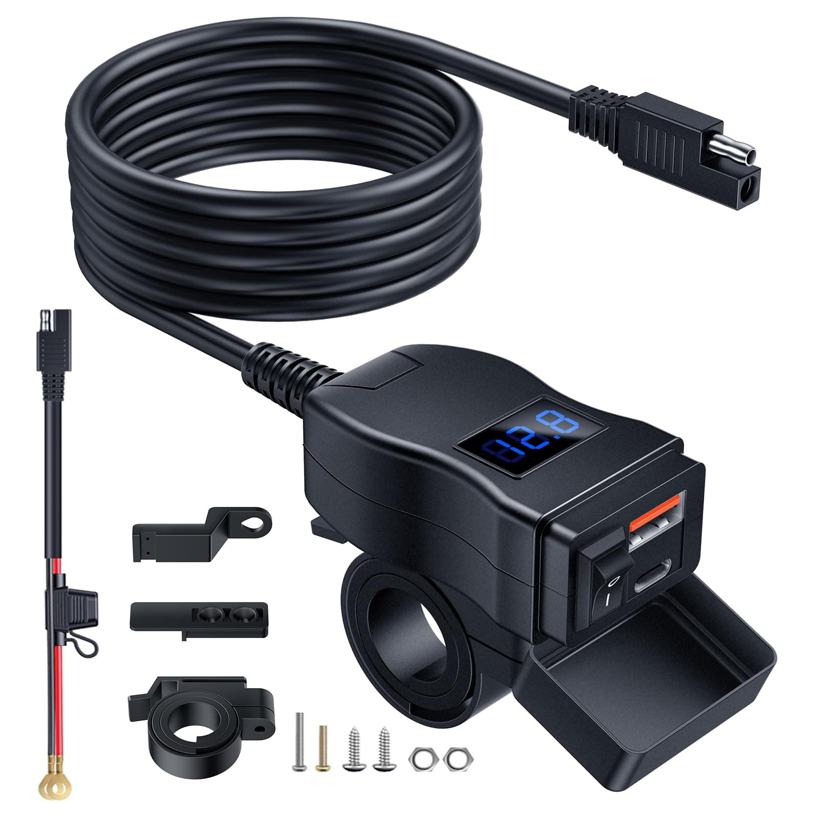 EXTRACTME Motorcycle USB Charger, Dual USB Type C PD & Quick Charge 3.0 Motorcycle Phone Charger with Voltmeter & ON/Off Switch, Waterproof Motorcycle Accessories for All Phone, Tablet, GPS