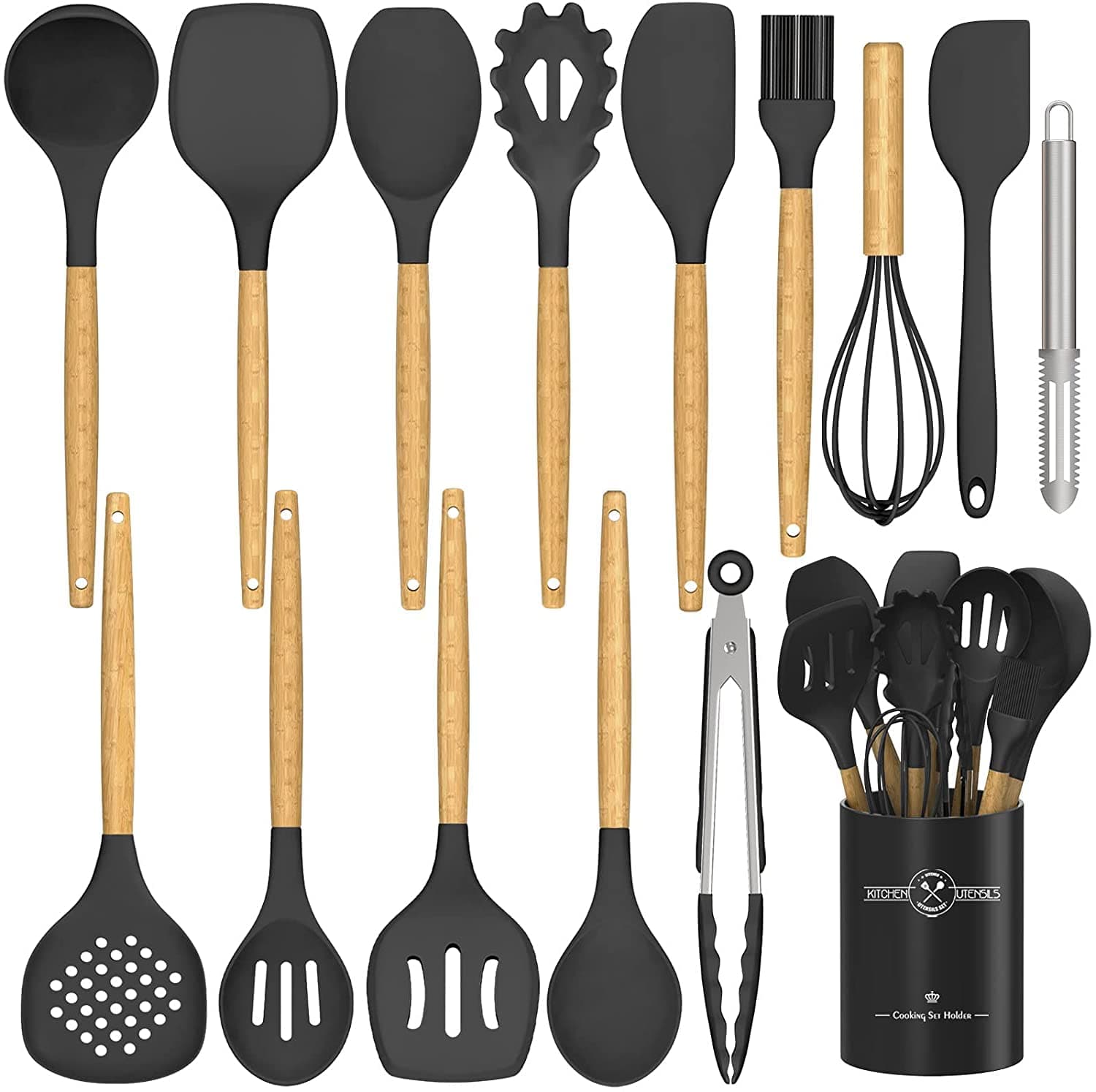 D L D 15 PCS Silicone Kitchen Cooking Utensils Set, Heat-Resistant Utensil Set with Premium Stainless Handles for Cooking and Baking, Non-Stick Spatula Kitchen Gadgets Cookware Set (Black)
