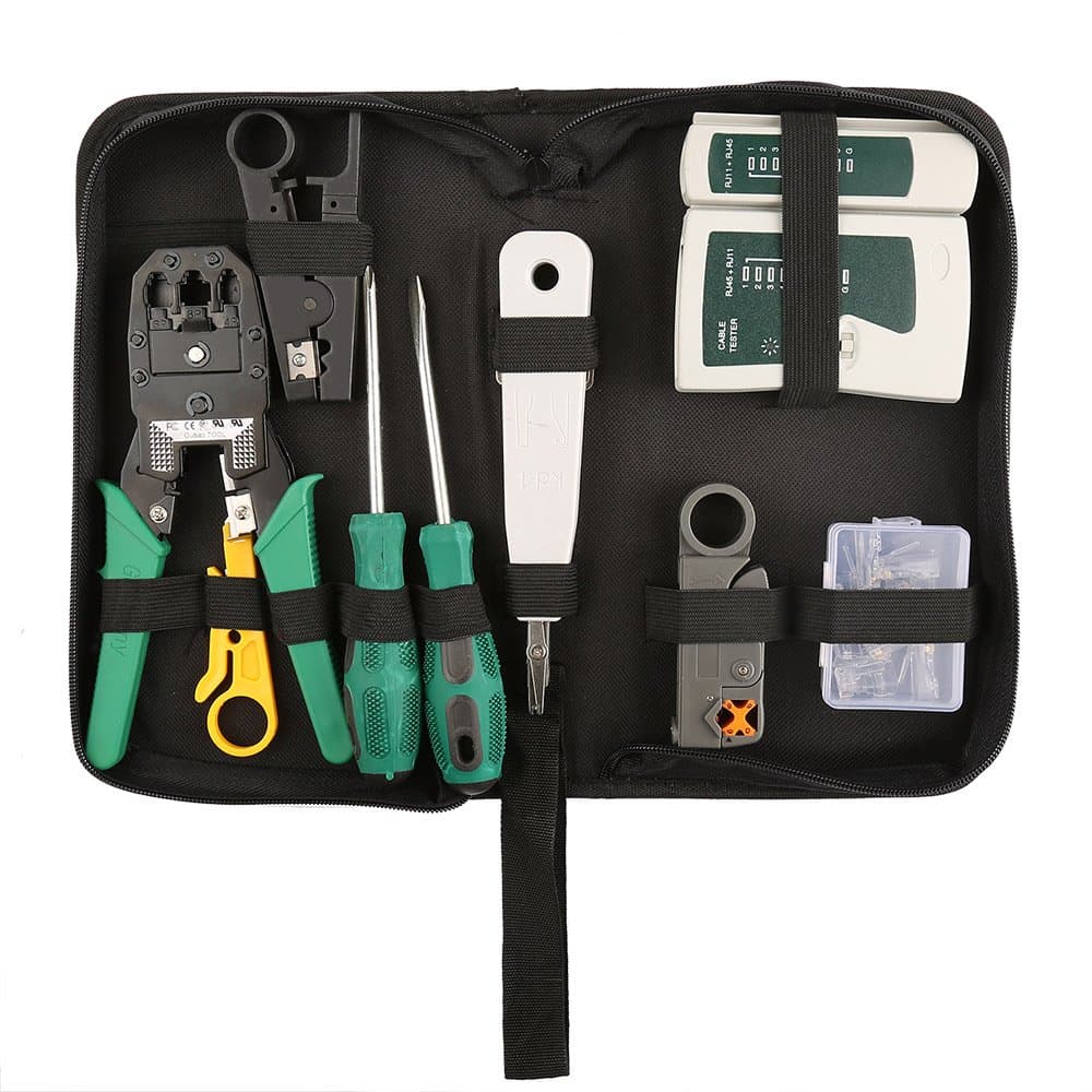 Hiija Network Tool Kits Professional Network Maintenance LAN Cable Tester, RJ45 Crimper 9 in 1 Repair Tools RJ45 Crimp Tool, 8P8C RJ45 Connectors, Cable Tester, Screwdriver, Stripping Pliers