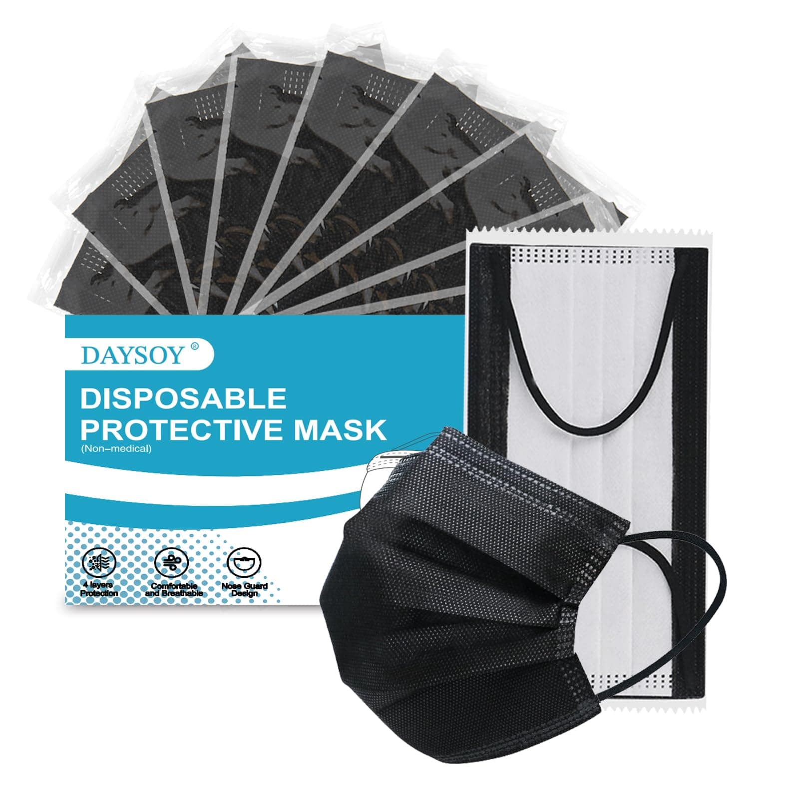 Individually Wrapped 4-Layer Filter Disposable Face Mask Single Use Dust Safety Face Mask Flat Earloop Latex-Free 50pcs