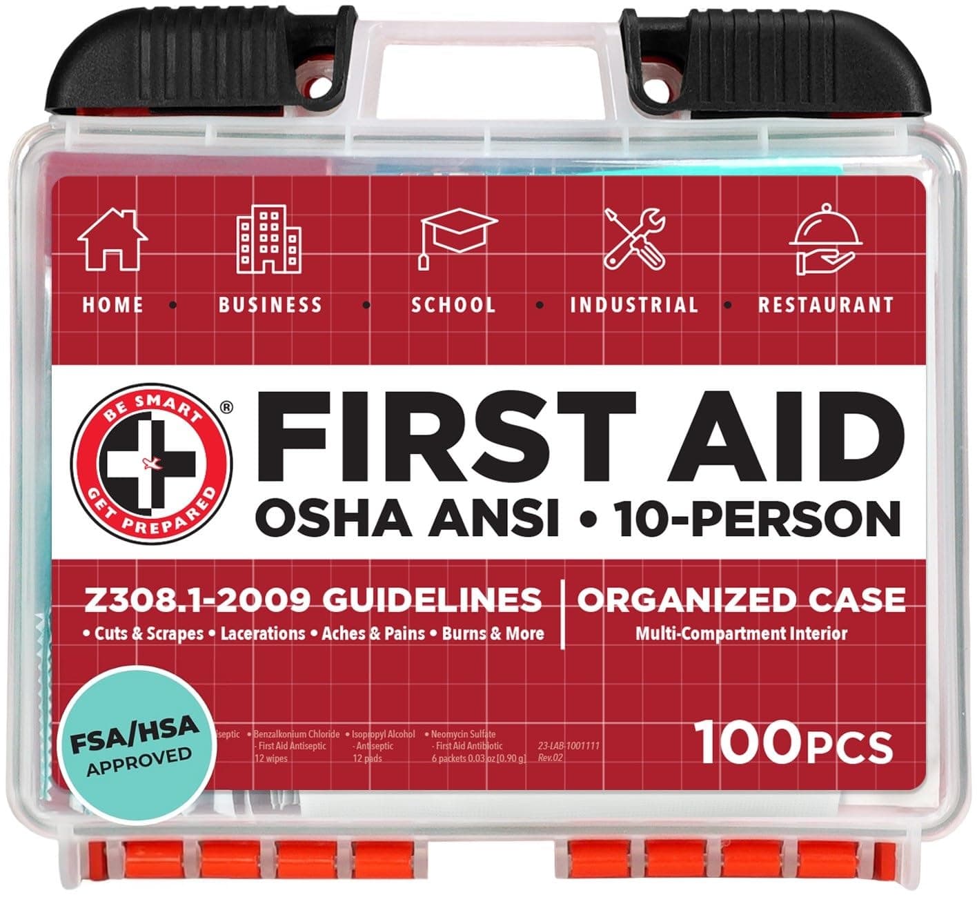 OSHA/ANSI First Aid Kit - 10 Person, 100 Pieces - Designed for Home, Business, School, Industrial, and Restaurants - Compact & Portable