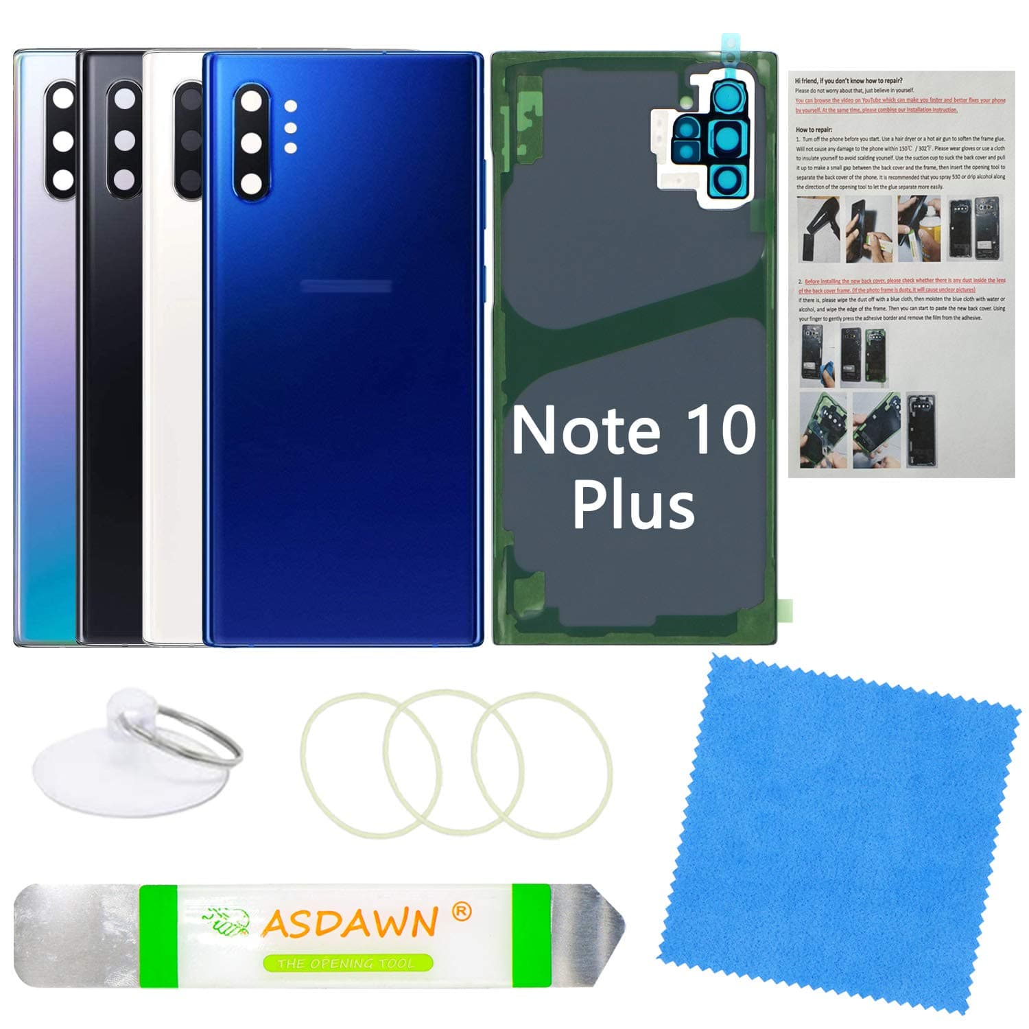 Galaxy Note 10+ Replacement Back Glass Panel Case w/Installation Manual+Pre-Installed Camera Lens+Repair Tool Kit for Samsung Galaxy Note 10 Plus SM-N975 All Carriers (Aura Blue)