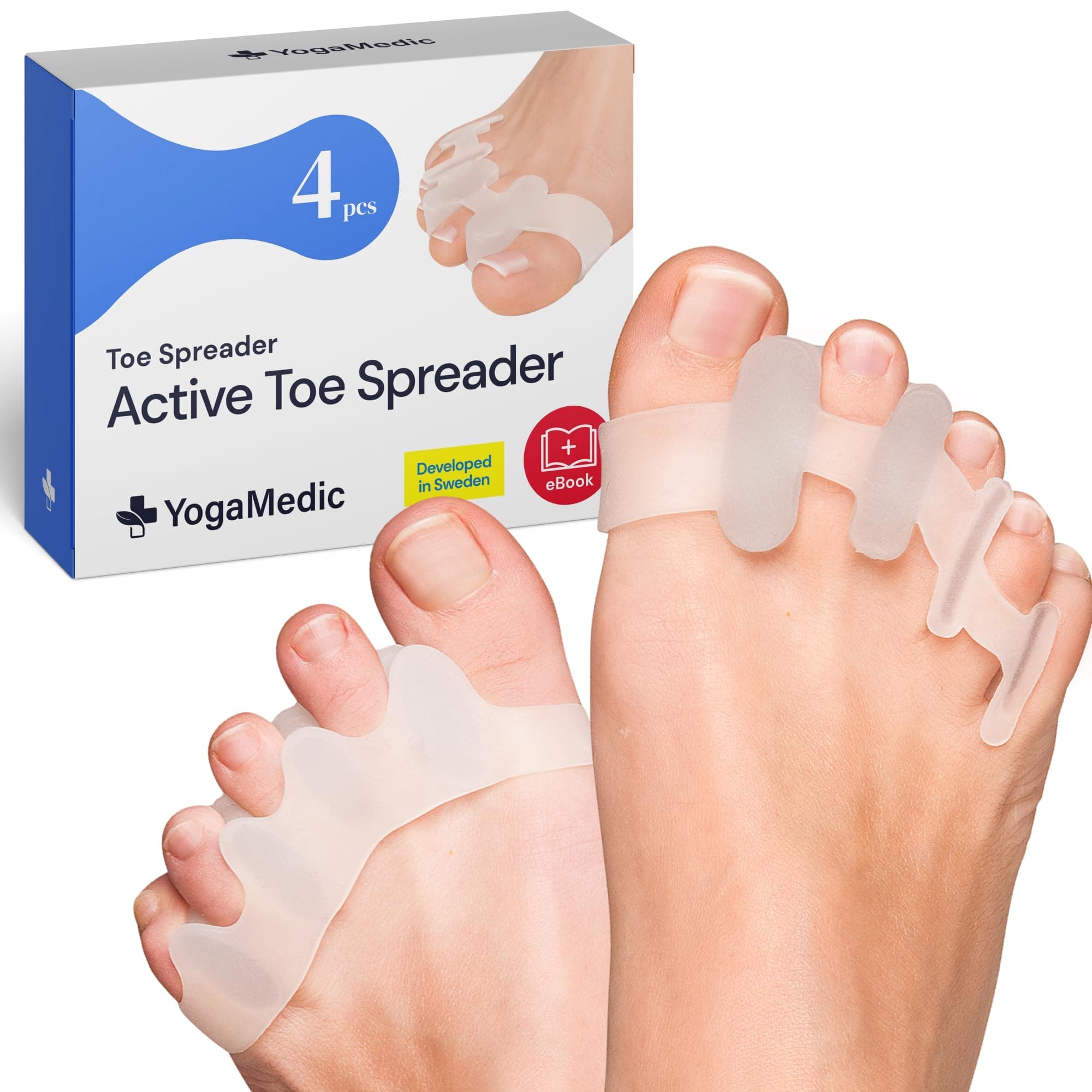 YOGAMEDIC Active Toe Spreader (4 Pack) - Flexible Gel Toe Separators for Natural Alignment - Soft Foot Stretchers for Yoga & Recovery - Developed in Sweden - Clear, Durable & Easy to Clean