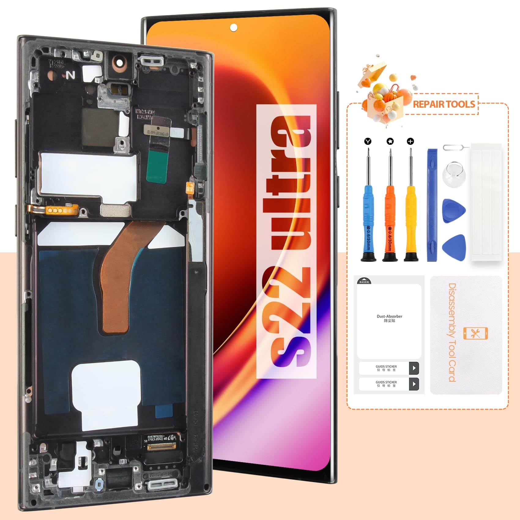 OLED Screen for Samsung Galaxy S22 Ultra 5G Screen Replacement S22 Ultra 5G LCD Screen SM-S908B Touch Display Digitizer Assembly Repair Parts with Frame(US Version,with Fingerprint Function)