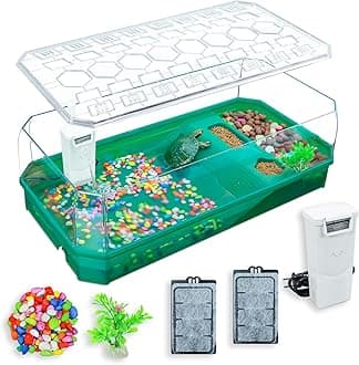 Binano Aquatic Turtle Tank Habitat Kit Stone+Filter+Heat Lamp Enhancing Interaction with 360° Viewing, Standalone Filtration, DIY Creative Zone, Enriched Living (Green, XL[Without Light])