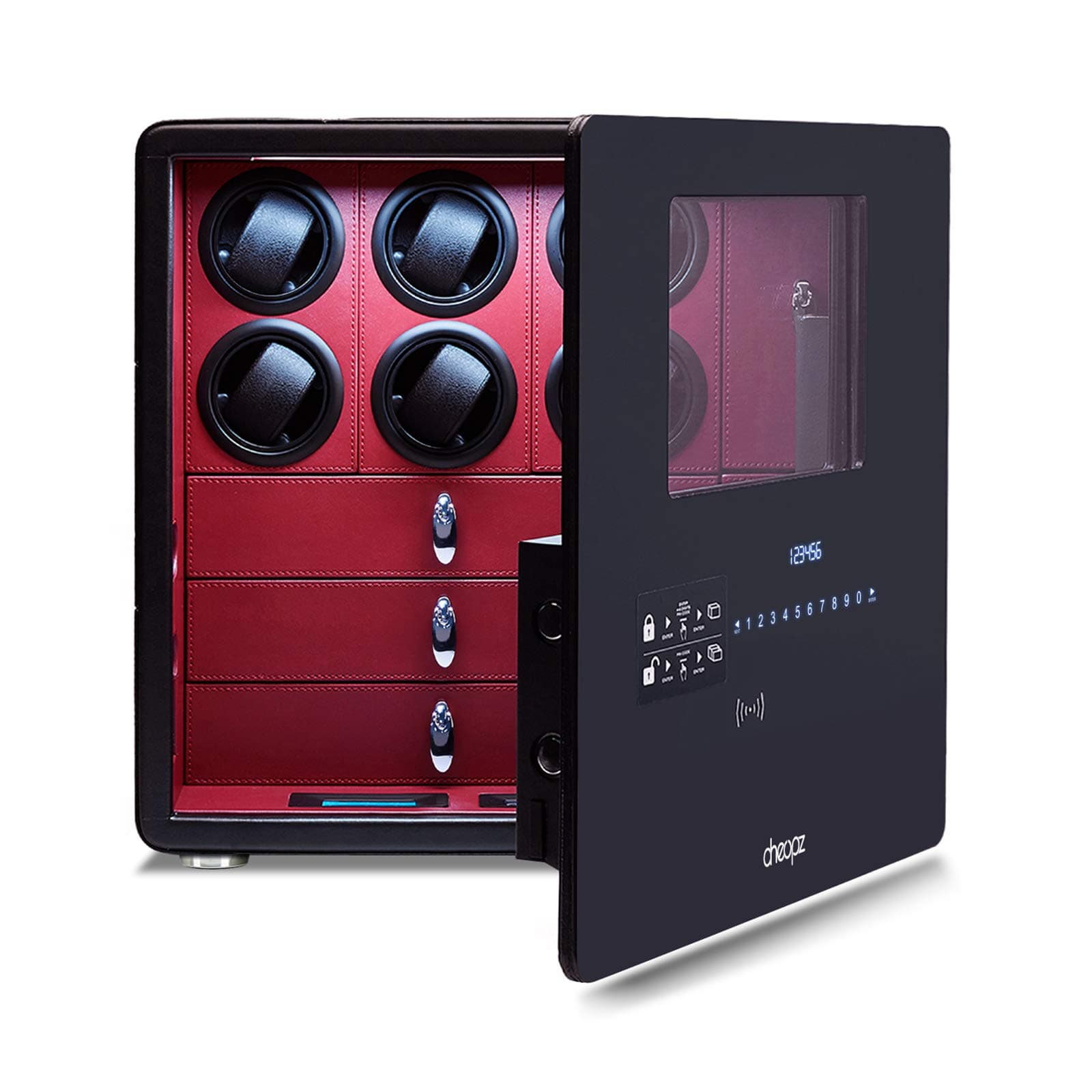 Safe Watch Winder Box for 6 Automatic Watches & Multi Jewelry Storage with Lock Security