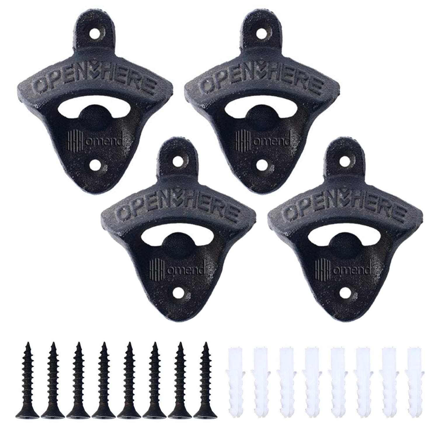 Homend4 Pack Cast Iron Wall Mount Bottle Openers, Mounting Hardware Included, Vintage Rustic Bar(Wood Block is not Included)