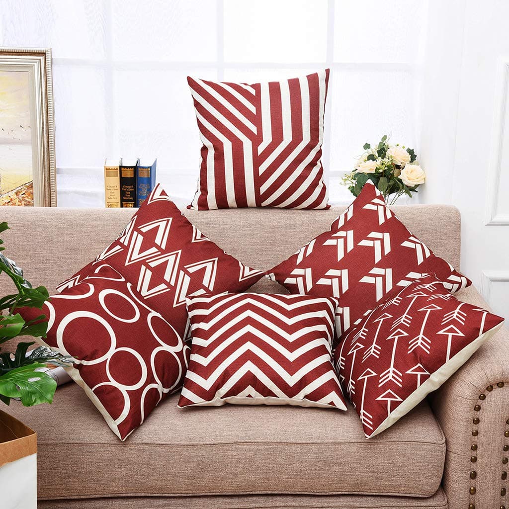 YINNAZI Modern Geometric Pattern Throw Pillow Covers Square Cushion Case for Couch Decorative Pillowcase for Home Decor Set of 6 Solid Color Burgundy 18x 18 Inch