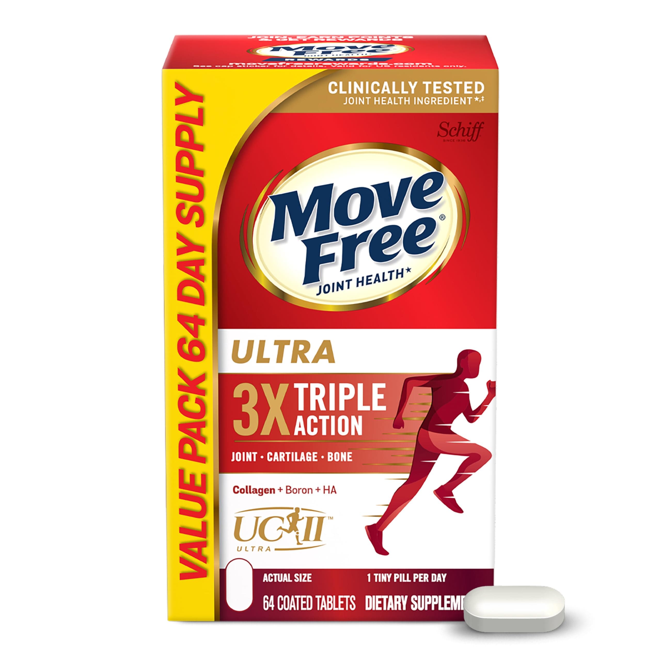 Move Free Ultra Triple Action Joint Support Supplement - Type II Collagen Boron & Hyaluronic Acid - Supports Joint Comfort, Cartiliage & Bones in 1 Tiny Pill Per Day, 64 Tablets (64 servings)*