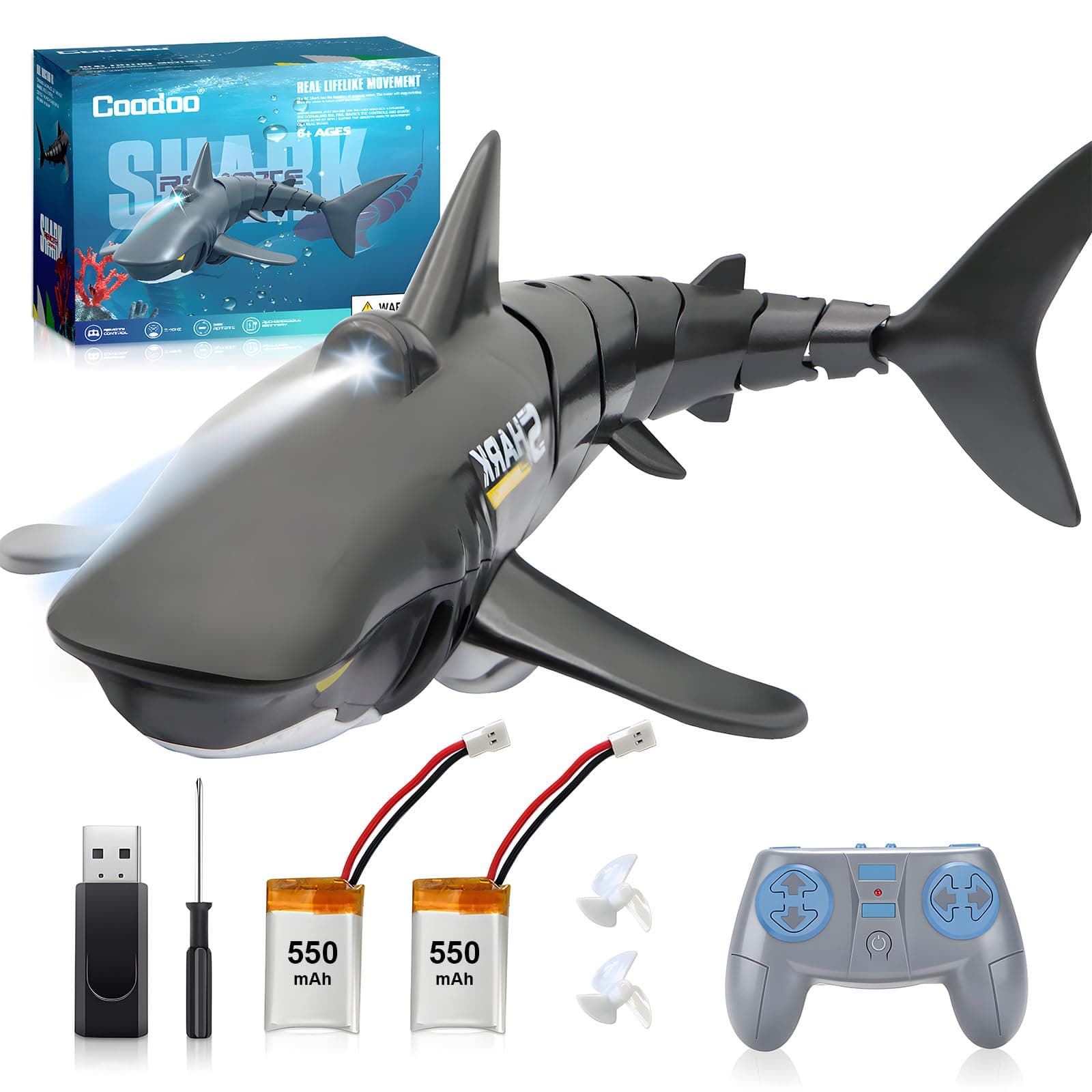 2.4G Remote Control Shark Toy 1:18 Scale High Simulation Shark for Swimming Pool Bathroom Great Gift RC Boat Toys for 6+ Year Old Boys and Girls (with 2 Batteries)