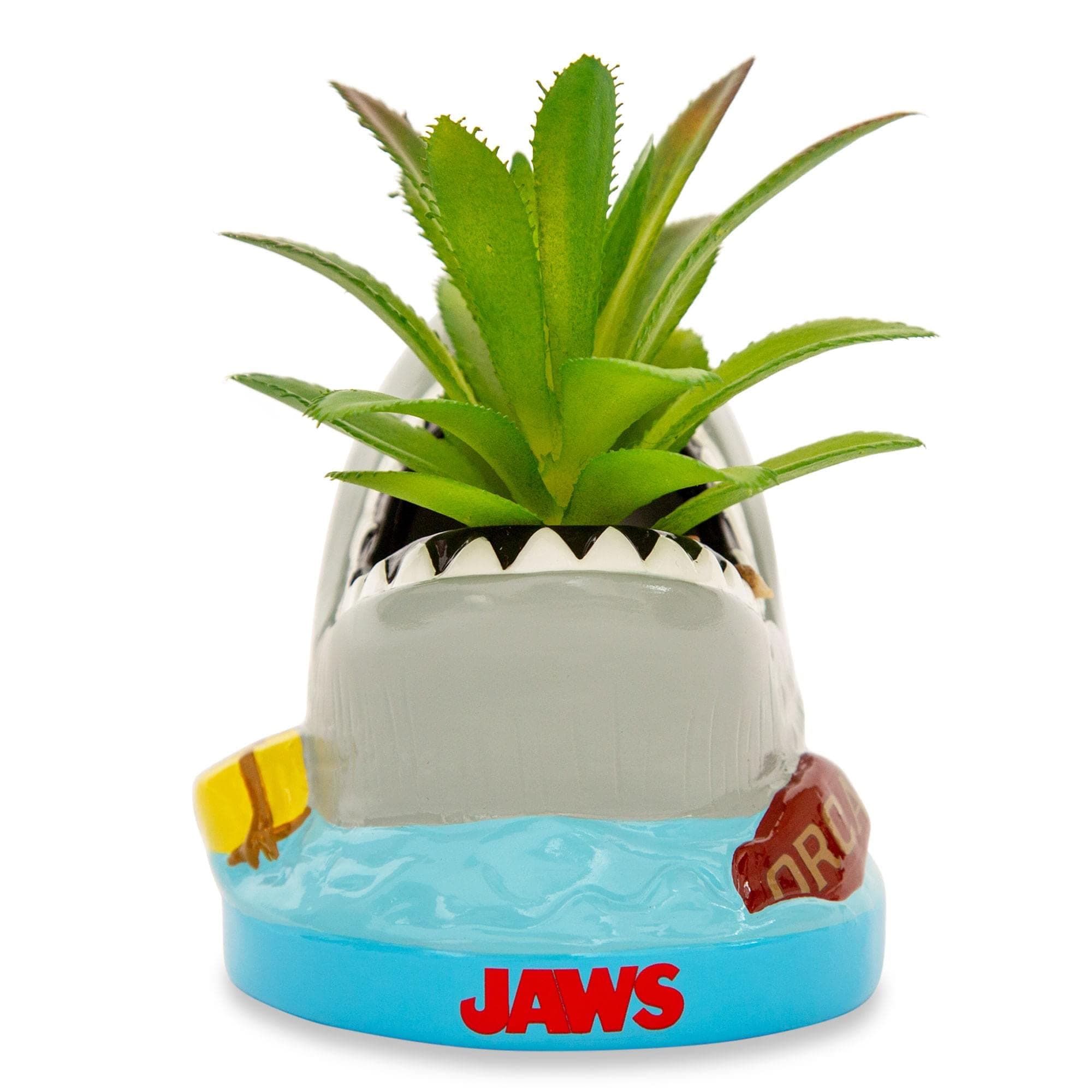 Silver Buffalo Jaws Shark 4-Inch Ceramic Mini Planter with Artificial Succulent | Cute Flower Pot, Faux Indoor Plants