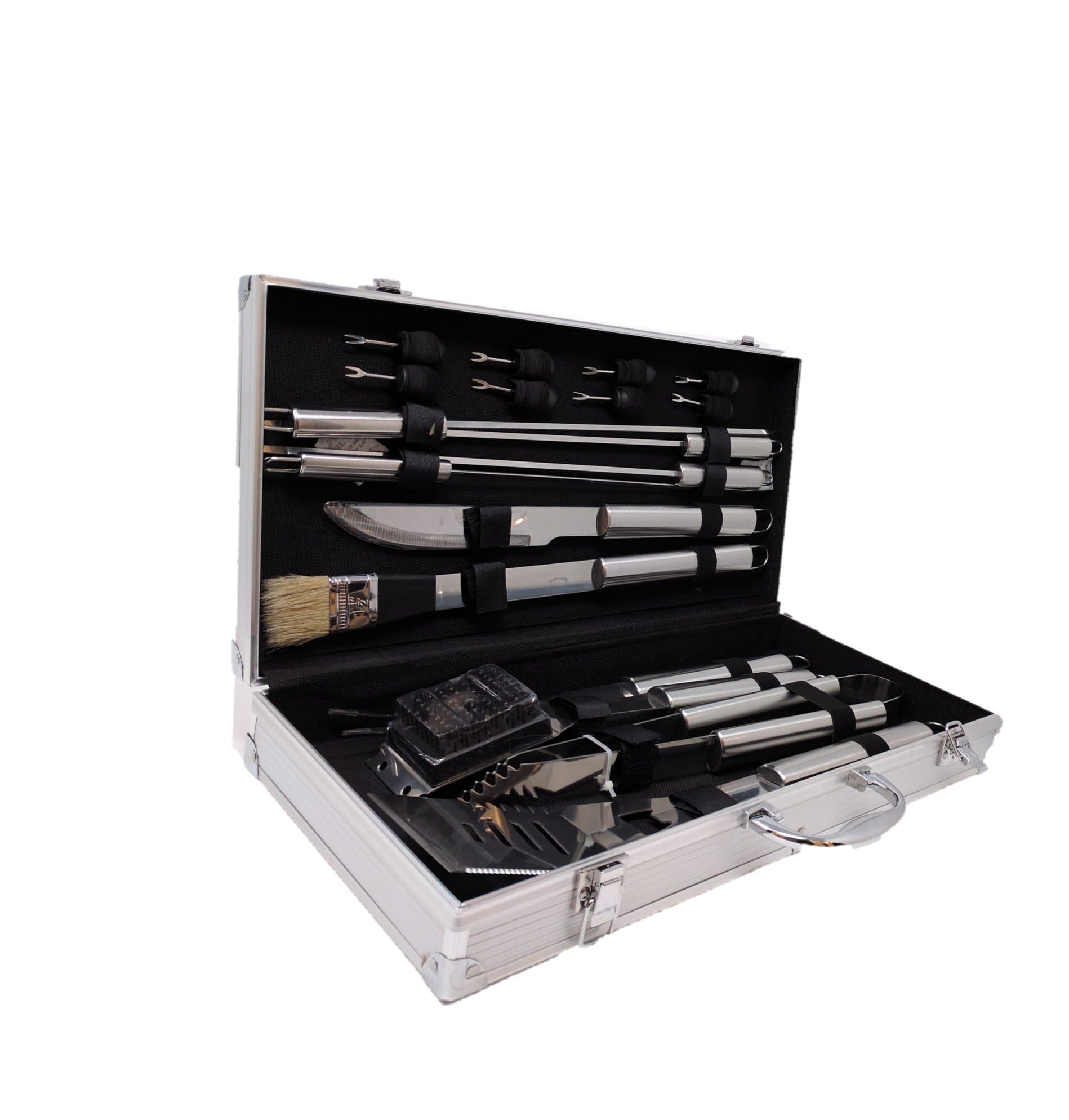 Happy Gourmet Kitchenware BBQ Grill Tools Set with 18 Barbecue Accessories - Stainless Steel Utensils with Aluminium Case - Complete Outdoor Grilling Kit for Dad