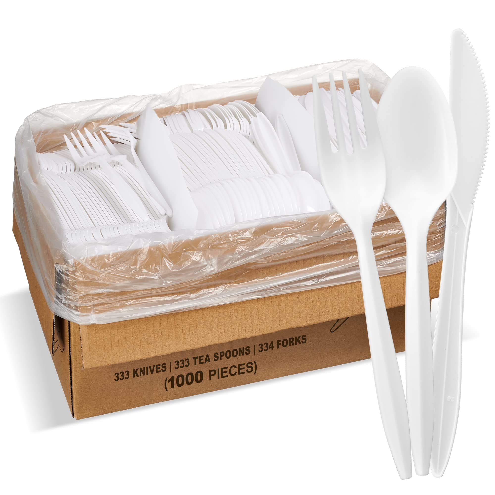 1,000 Plastic Disposable Cutlery Bulk Variety Pack White Medium Weight Includes 334 forks, 333 knives, 333 soup spoons, Disposable Silverware Plastic Cutlery