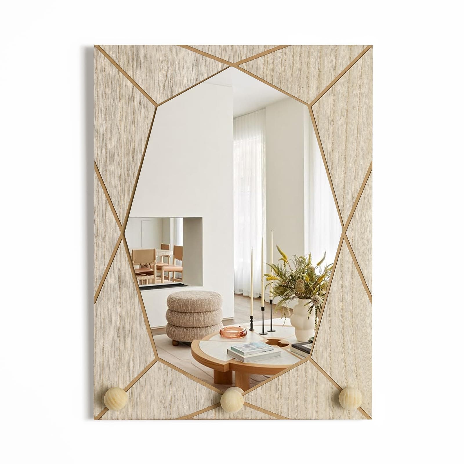 Mirror Wall Decor for Living Room Bedroom, Cottage Octagon Decorative Mirror Art for Modern Rustic Boho House, Geometric Hanging Wall Art Accent Above TV Desk Bed Table Decor, 15.6x11.6
