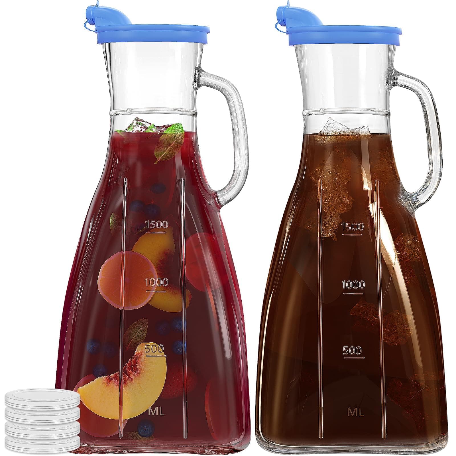 2 Pack Glass Pitcher with Lid and Spout, 2 Quart (64 oz / 1.9 Liter) Juice Carafe with Handle, BPA-Free, Dishwasher Safe, Square Water Pitcher for Sun & Iced Tea, Sangria, Party, Mimosa Bar