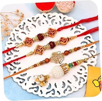 Pack Of 4 Rakhi For Brother And Bhabhi Kids With Rakshabandhan Card Beautiful Pooja Set/Lumba Rakhi For Bhabhi/Om Rakhi/Designer Pearls Rakhi/Rakhi Gifts (Rakhi113)