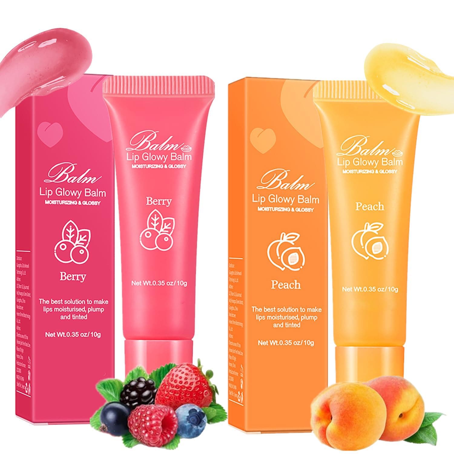 2 Pcs Lip Glowy Balm, Plumping Lip Gloss, Moisturizing Lip Balm, Lip Gloss, Lip Sleeping Mask, Lip Mask, L-ip Glow Oil, Long Lasting Repairing Lightening L-ip Lines (10g, Berry&Peach)