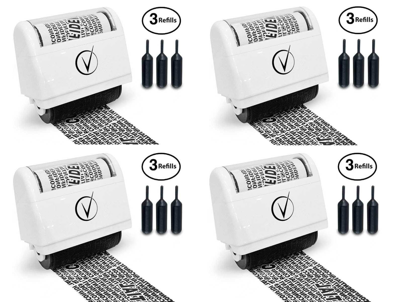 Vantamo Identity Protection Roller Stamps Wide Kit, Including 3-Pack Refills - Designed for Secure Confidential ID Blackout Security, Anti Theft and Privacy Safety (4-Pack White)