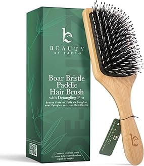 Boar Bristle Paddle Hair Brush - Smoothing Wood Brush for Thick, Curly & Wavy Hair, Detangling Natural Bristles for Women, Stimulates Scalp