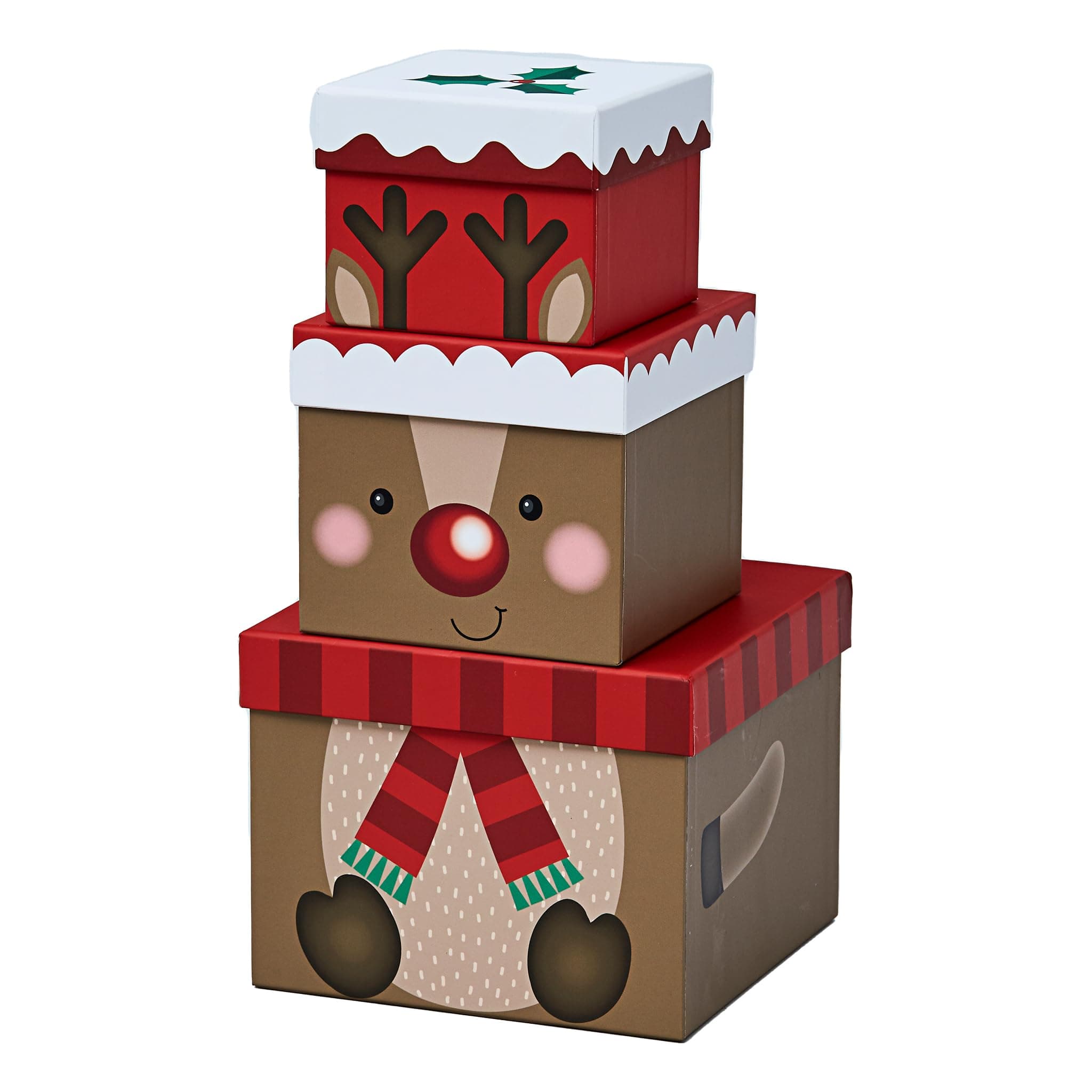 Set of 3 Novelty Christmas Stackable Nested Gift Boxes Present Xmas Reindeer Cardboard