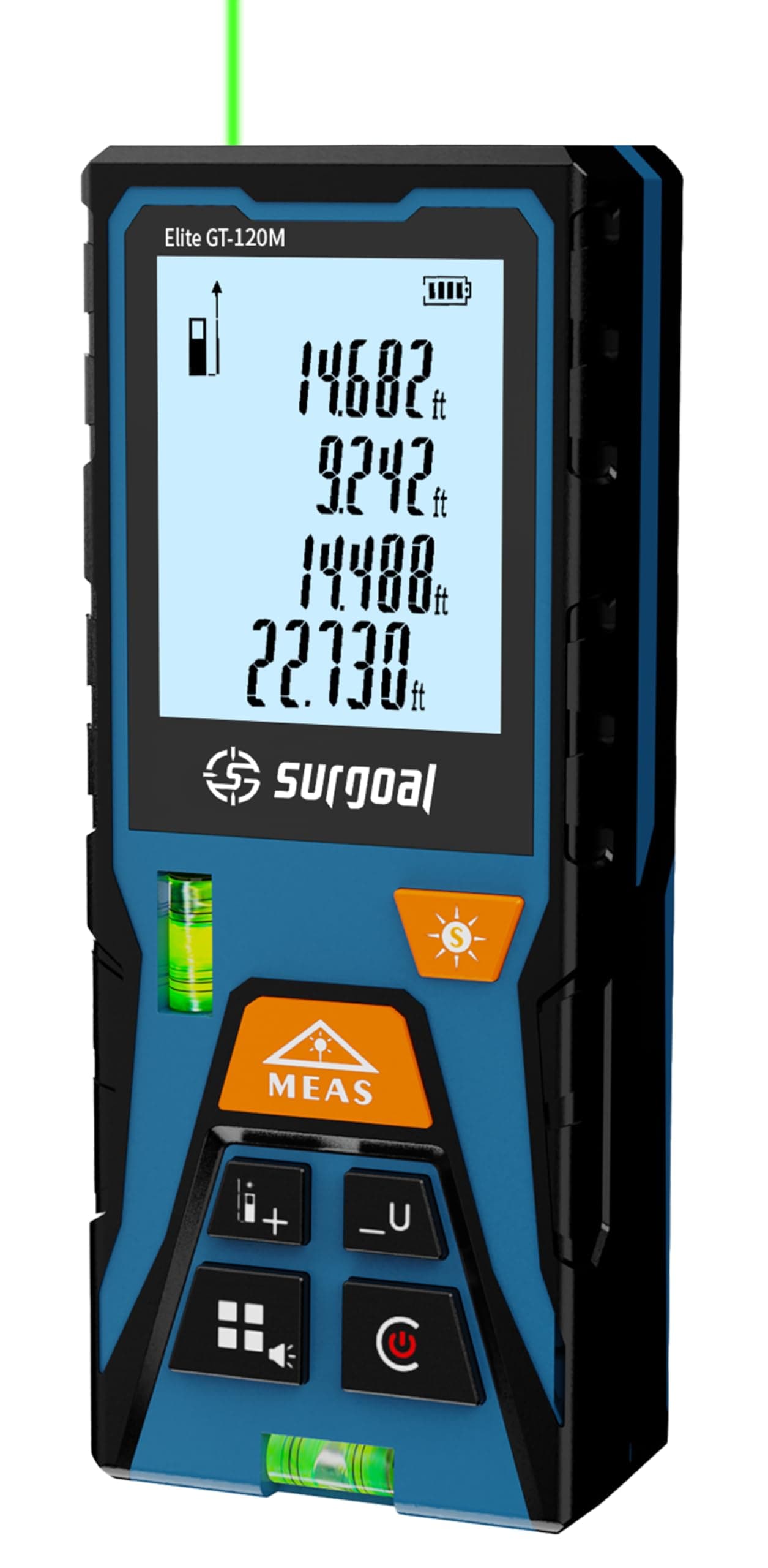 Green Laser Distance Meter 393.7ft Digital Measuring Tool with Angle Sensor Backlit LCD Area/Volume/Pythagorean ±2mm Class II Handheld Laser Measurer for Construction & DIY AAA Battery Powered