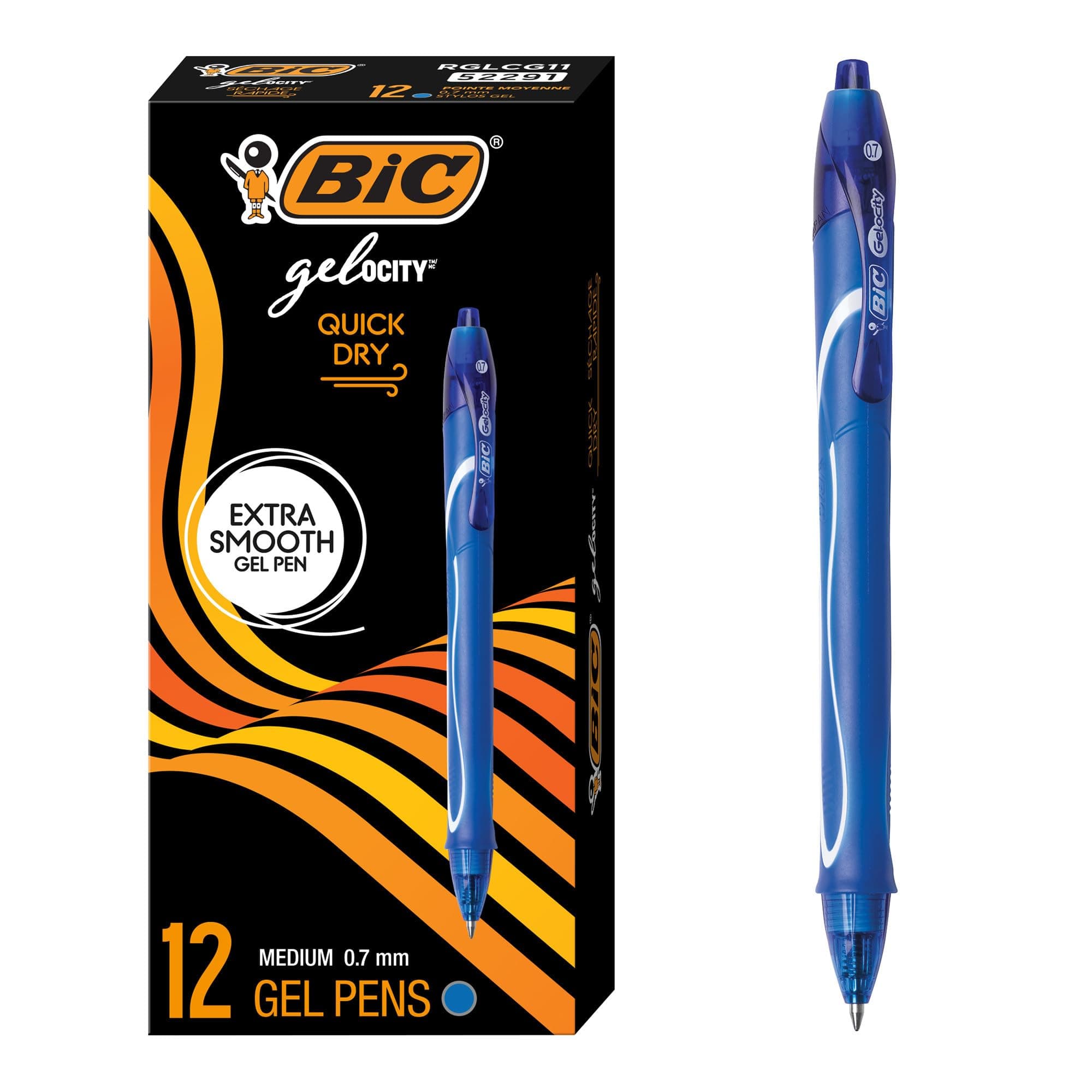 BIC Gel-ocity Quick Dry Retractable Gel Pen, Medium Point (0.7 mm), Blue, 12-Count