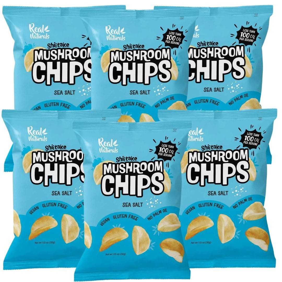Shiitake Mushroom Chips - (6 pack) Vegan prawn crackers, Less than 100 calories, Gluten Free mushroom snack. Sea Salt flavour.