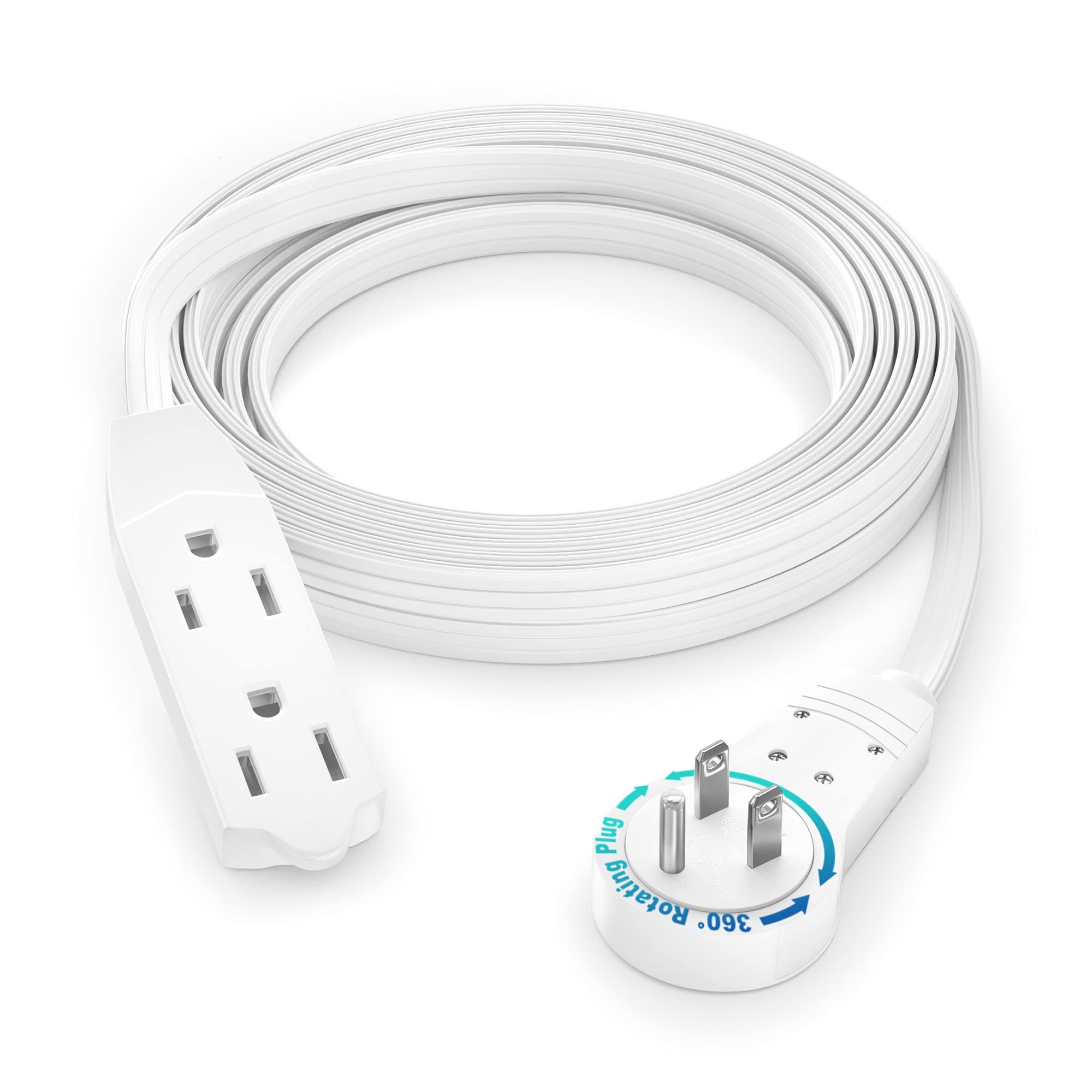 Maximm Cable 10 Ft 360 Rotating Flat Plug Extension Cord/Wire, 16 AWG Multi 3 Outlet Extension Wire, 3 Prong Grounded Wire - White - UL Listed