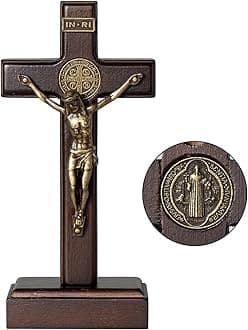 KUXBET Wood Standing Cross 5inch Small Crucifix- Jesus Christ Wall Hanging Cross Crucifix for Table or Wall Home Decoration