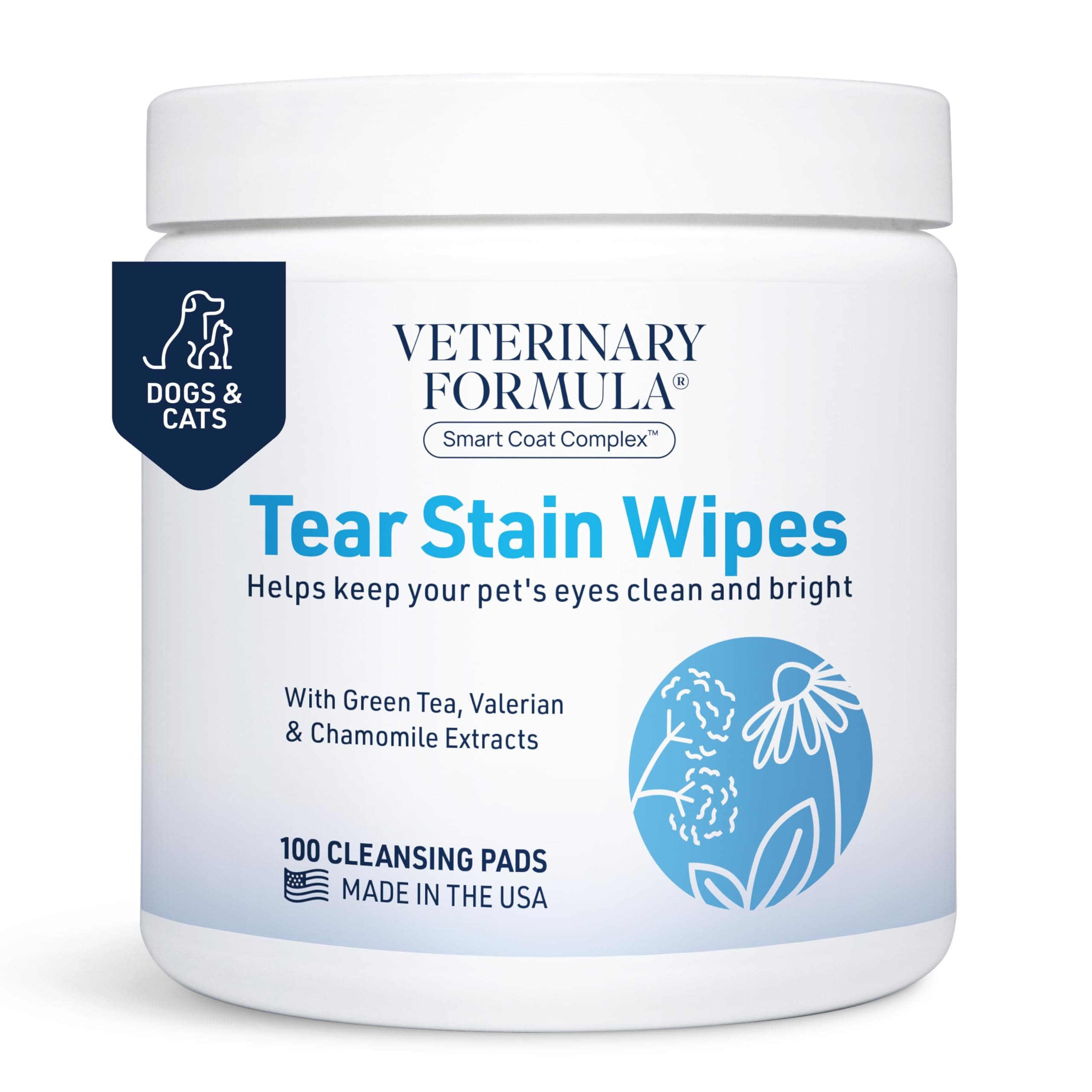 Veterinary Formula Smart Coat Complex Tear Stain Wipes for Dogs & Cats, 100 c...
