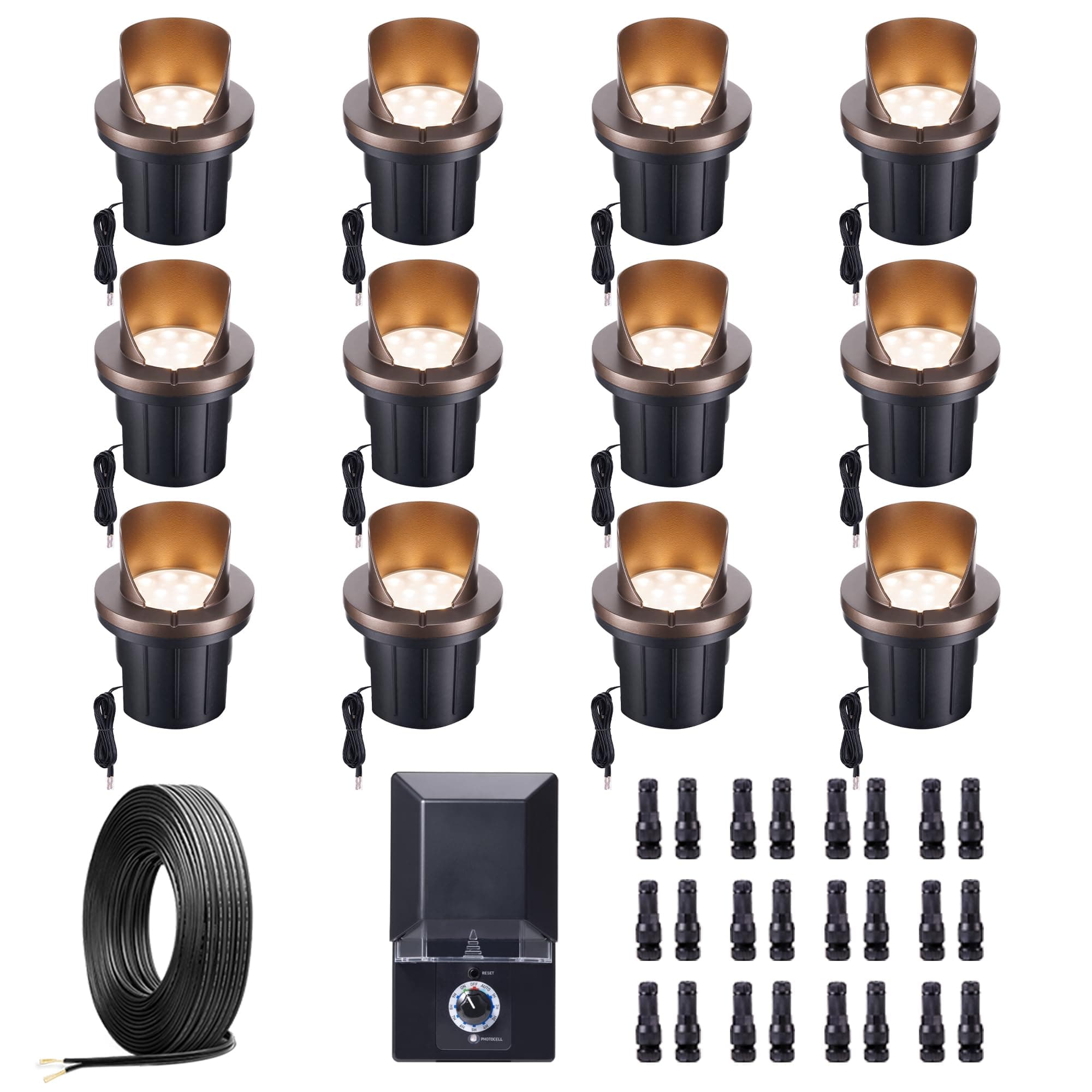 Ground Well Lights Kit, 12 Pack Landscape LED Low Voltage Inground Lights and 200W Transformer and 250FT Cable and 40 Wire Connectors, Outdoor Waterproof IP67 Aluminum for Backyard Wall