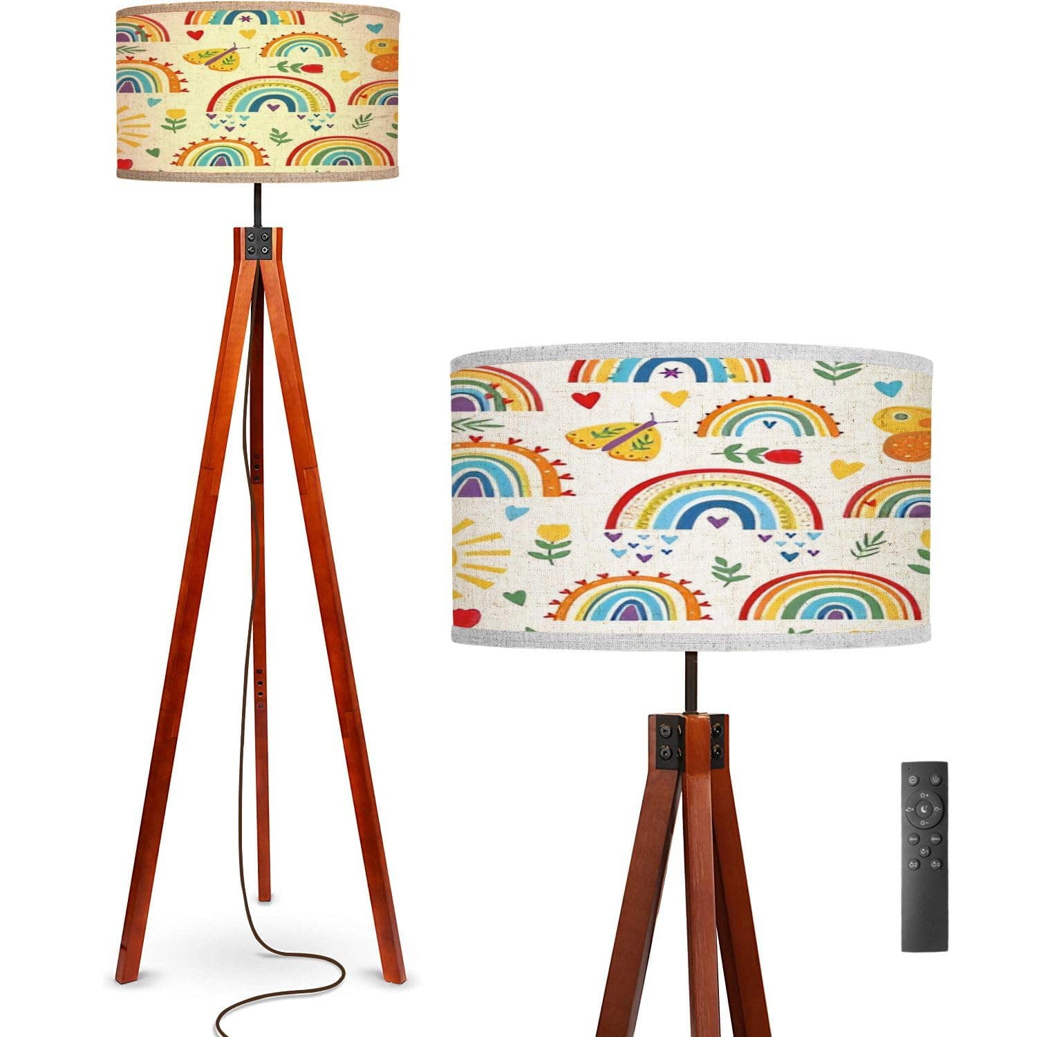 Floor Lamp Cute bright rainbow butterfly seamless pattern design white Summer Standing Lamp Solid Wood Legs Modern Tall Lamp Tripod Floor Lamp with Flaxen Shade for Living Room, Bedroom, Office