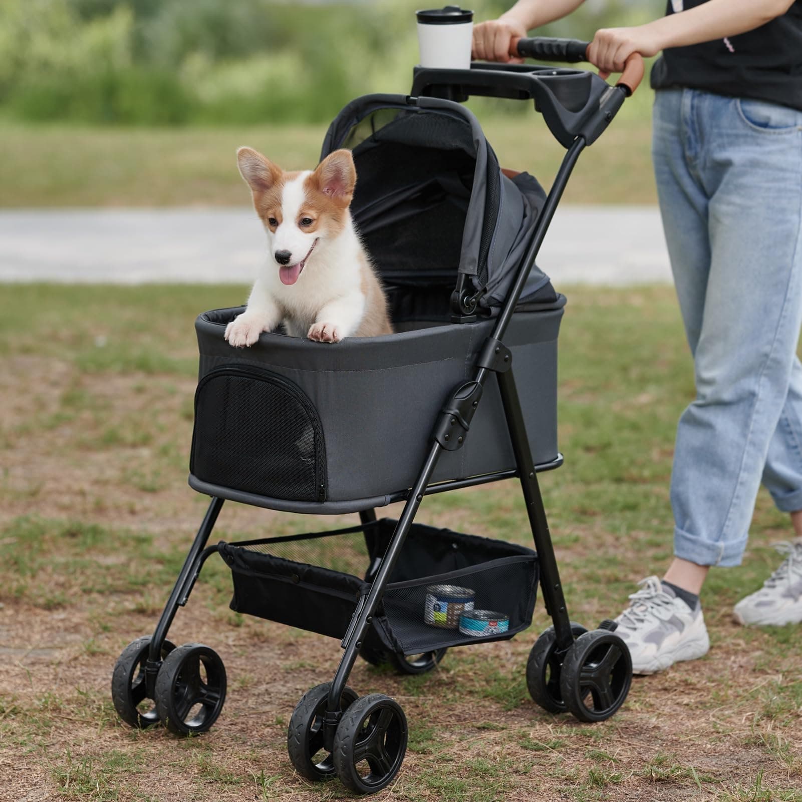Pet Stroller for Small/Medium Dogs, Cat Stroller w/Removable Carrier, Car Seat, Sun Shades