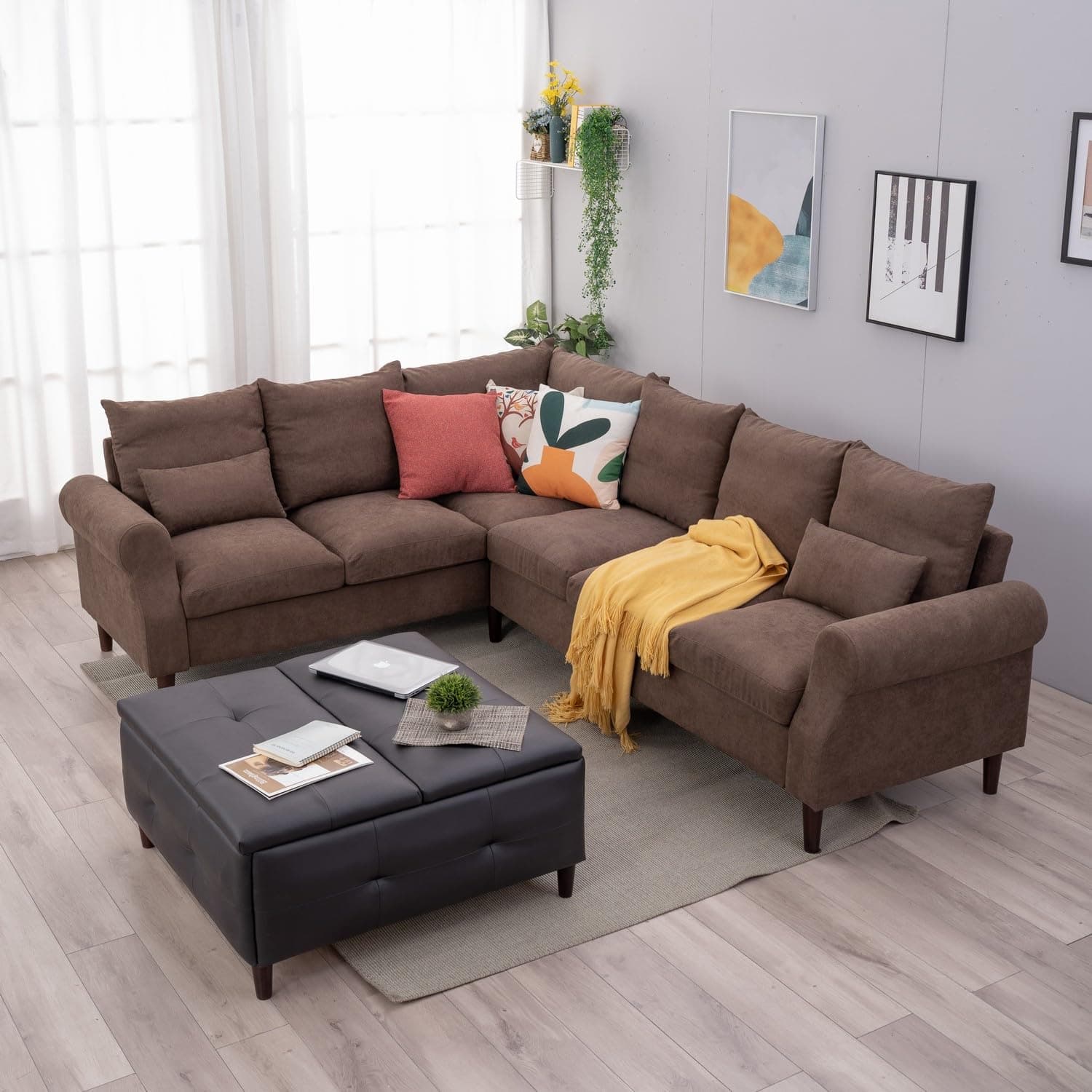 Panana L Shape Sectional Corner Sofa, 3 Seater & 2 Seater Corner Couch, Upholstered Fabric with Solid Wood Legs and CUshion Backrest For Living Room Lounge (Chocolate Brown, Scroll Arm)